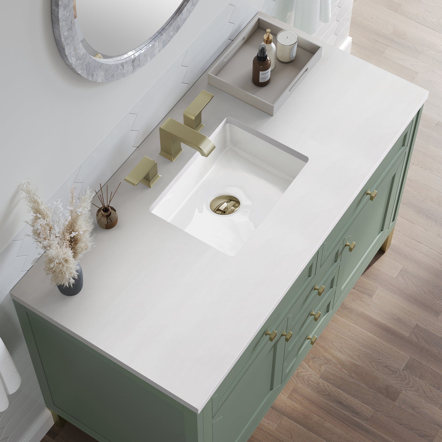 Renovate for Less Atlanta Chicago 48" Single Vanity, Smokey Celadon, w/ 3 CM White Zeus Silestone® Top