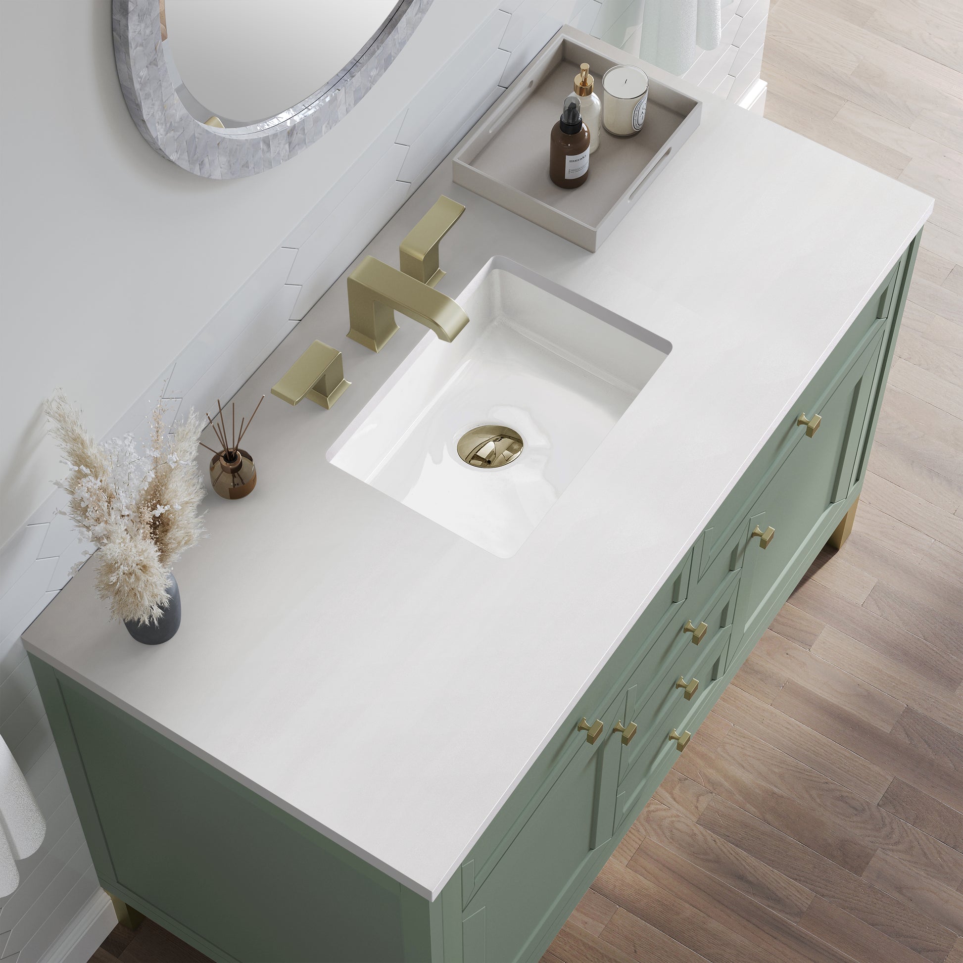 Renovate for Less Atlanta Chicago 48" Single Vanity, Smokey Celadon, w/ 3 CM White Zeus Silestone® Top