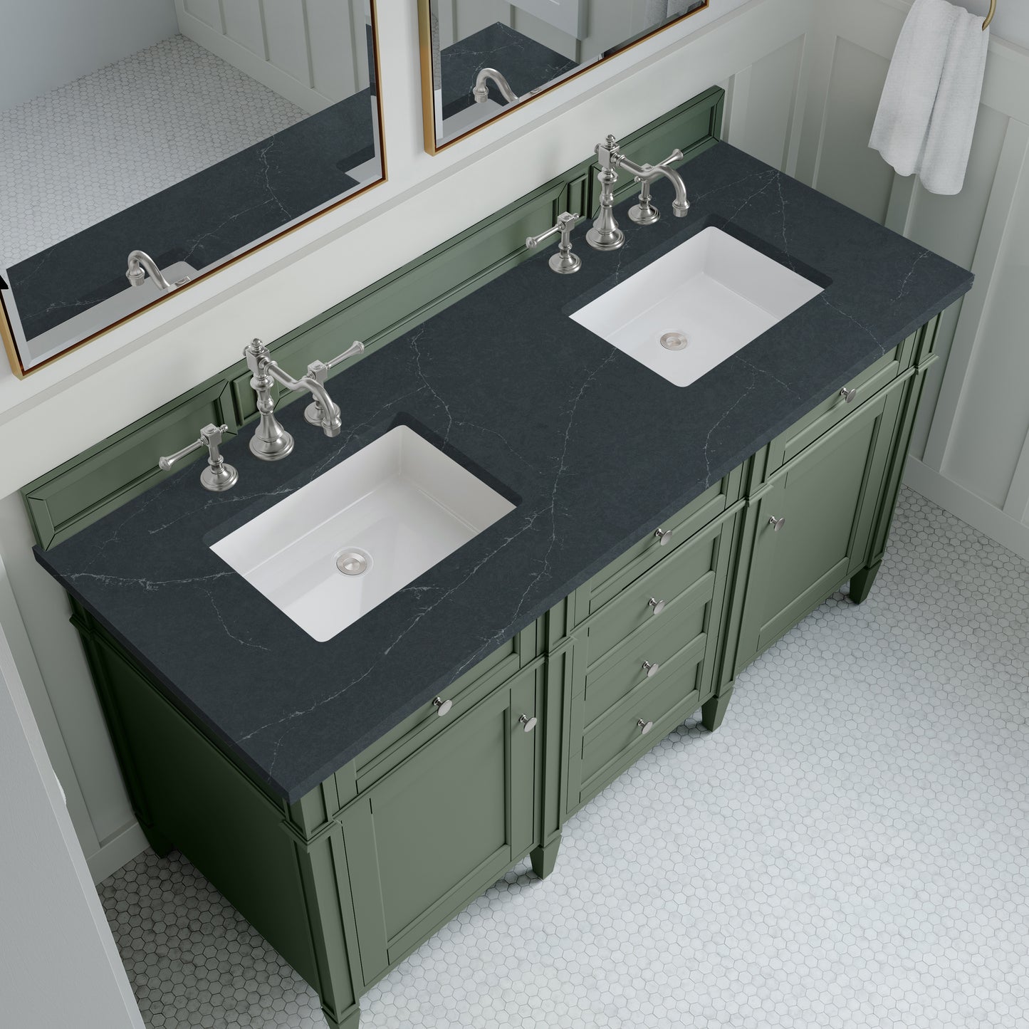 Renovate for Less Atlanta Brittany 60" Double Vanity, Smokey Celadon w/ 3 CM Charcoal Soapstone Top