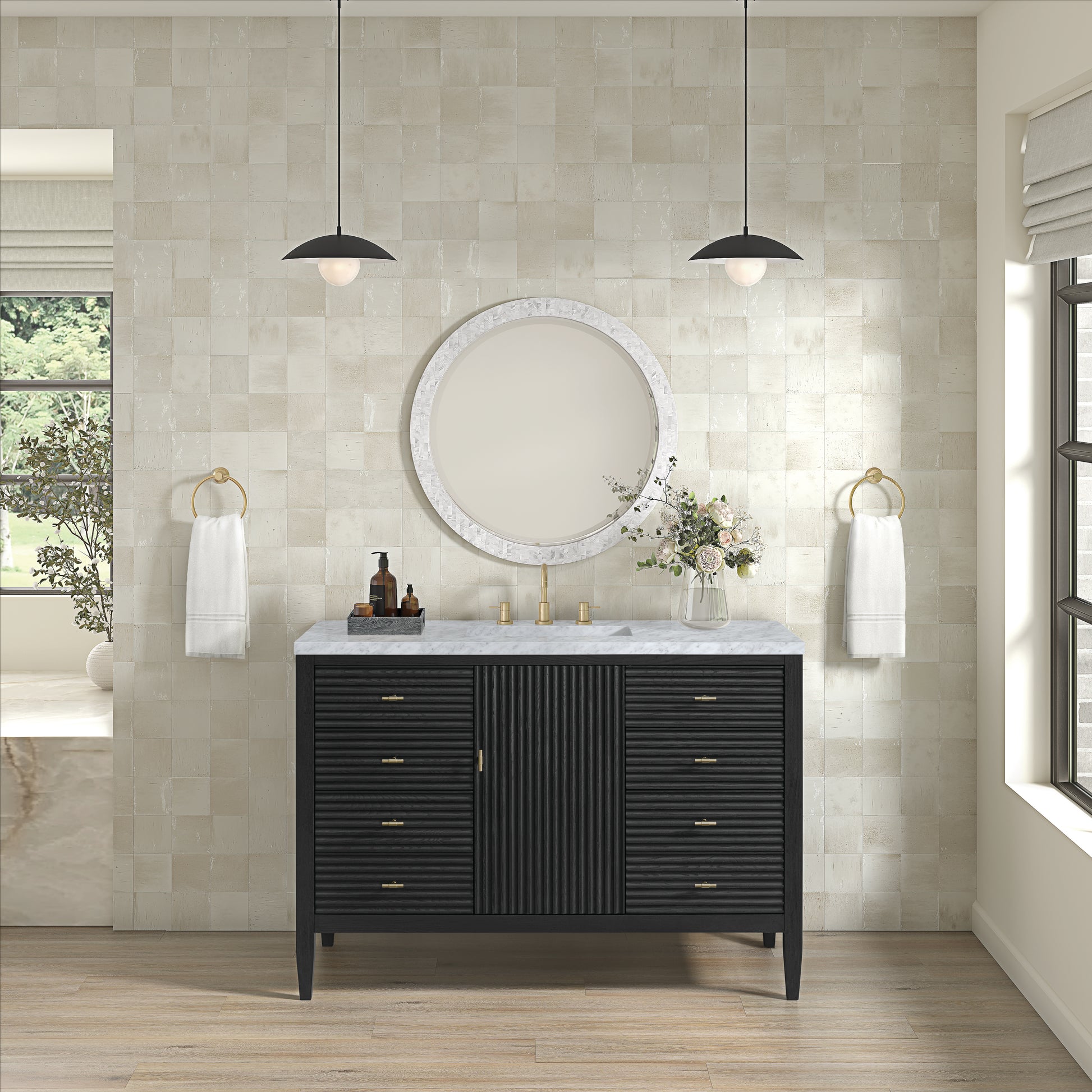 Renovate for Less Atlanta Myrrin 48" Single Vanity, Carbon Oak w/ 3 CM Carrara White Marble Top