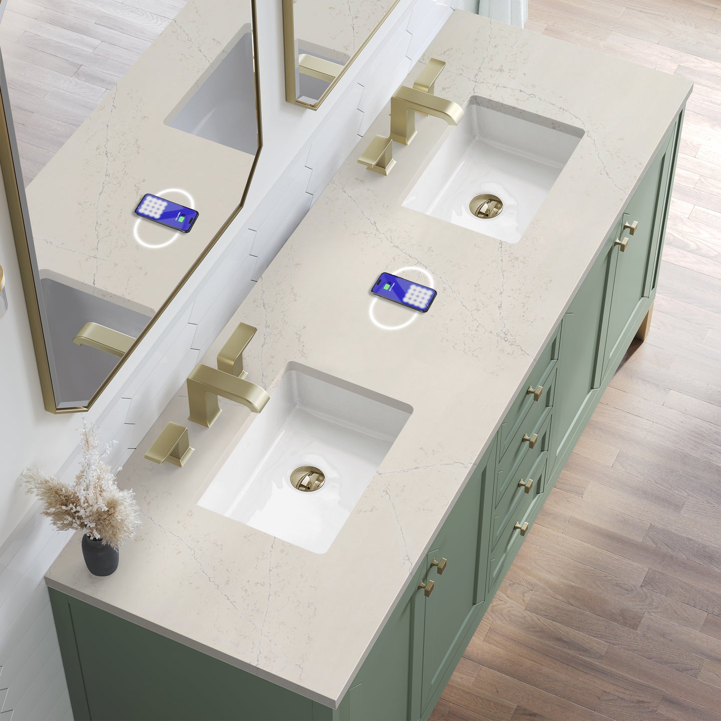 Renovate for Less Atlanta Chicago 72" Double Vanity, Smokey Celadon, w/ 3 CM Siberian Silestone Top w/FreePower Wireless Charger