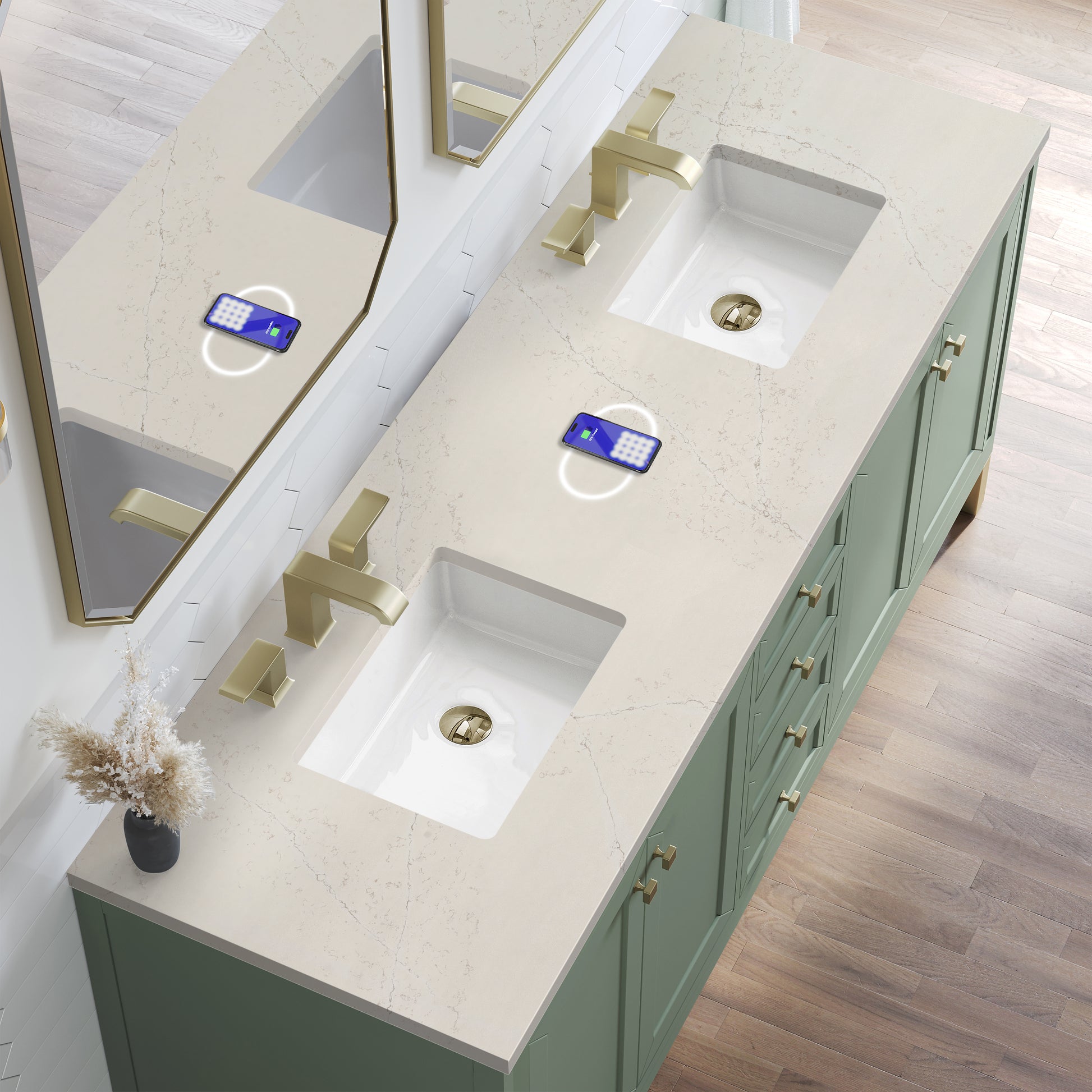 Renovate for Less Atlanta Chicago 72" Double Vanity, Smokey Celadon, w/ 3 CM Siberian Silestone Top w/FreePower Wireless Charger