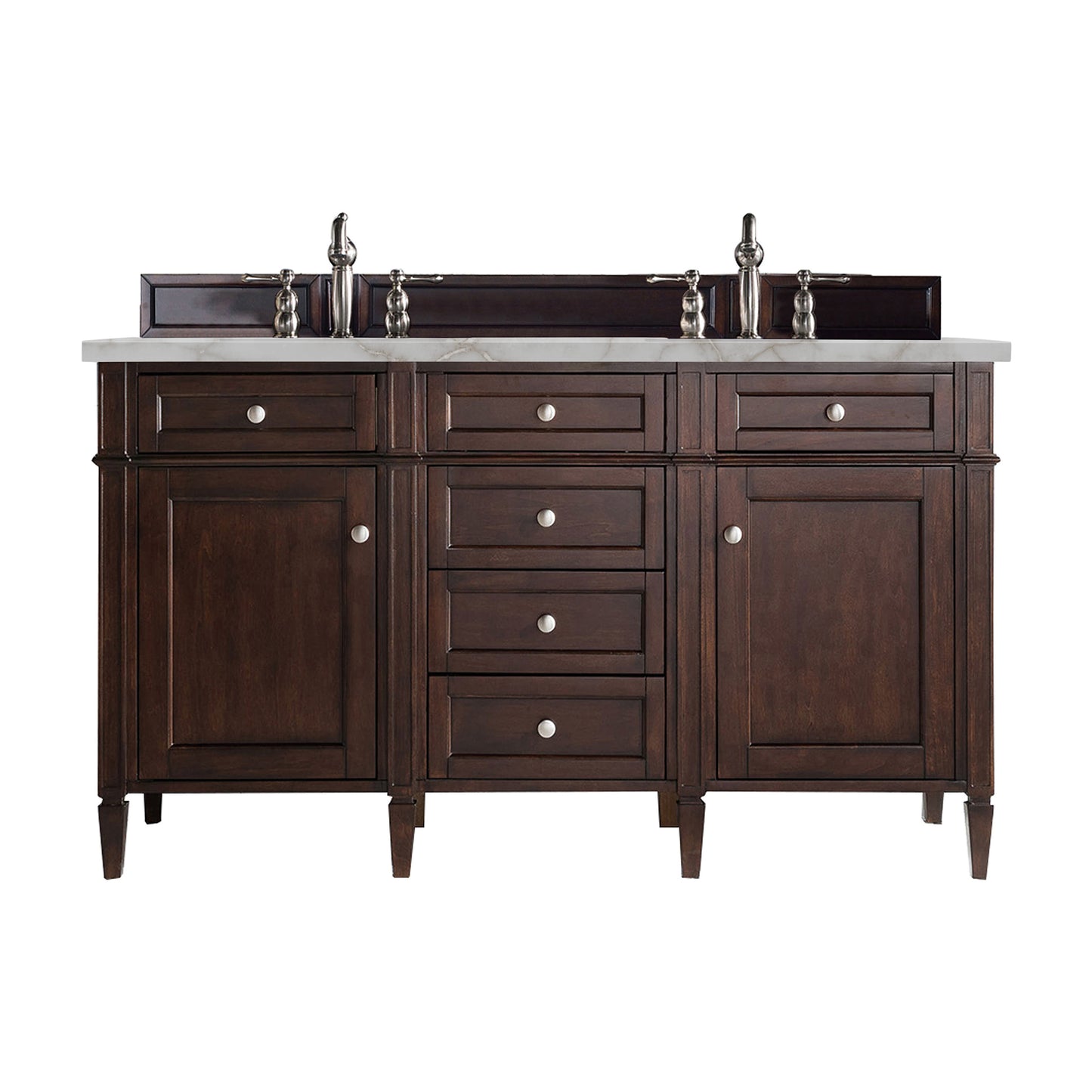 Renovate for Less Atlanta Brittany 60" Double Vanity, Burnished Mahogany w/ 3 CM Victorian Silver Silestone Top w/FreePower Wireless Charger