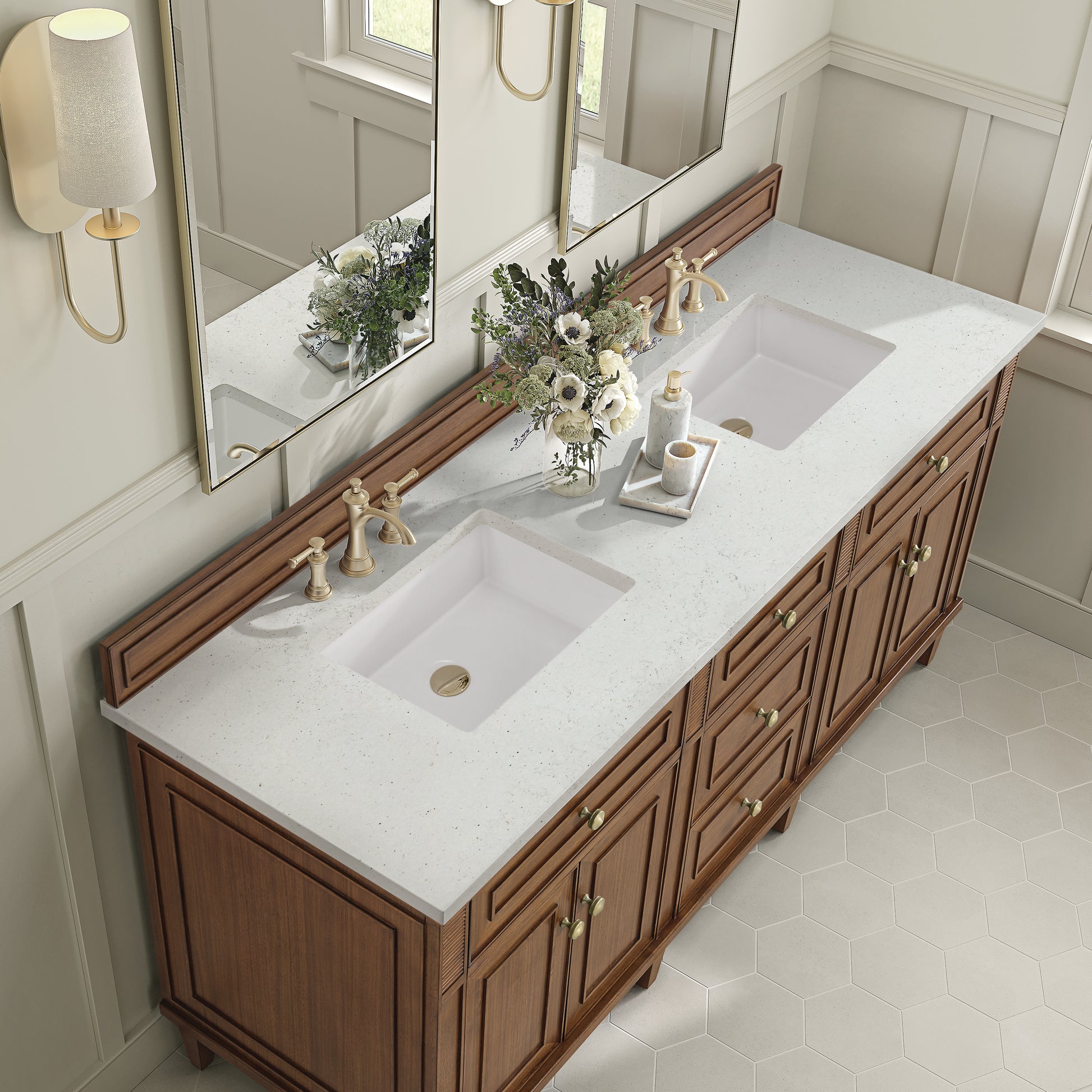 Renovate for Less Atlanta Lorelai 72"Double Vanity, Mid-Century Walnut w/ 3 CM Lime Delight Silestone Top