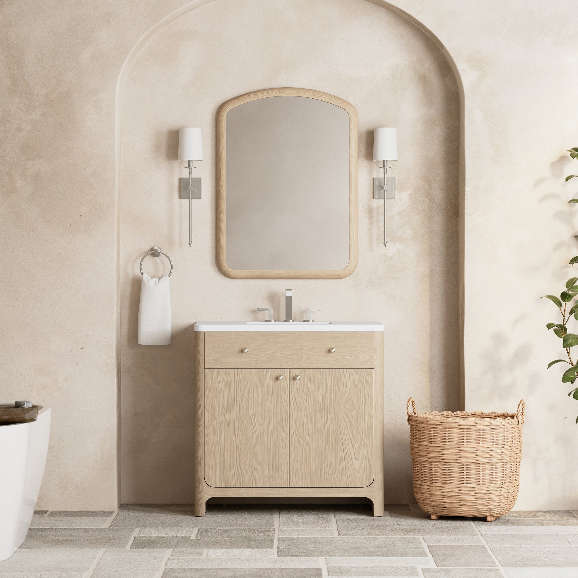Renovate for Less Atlanta Gracyn 36" Single Vanity, Coastal Driftwood, w/ 3 CM White Zeus Quartz Widespread Top