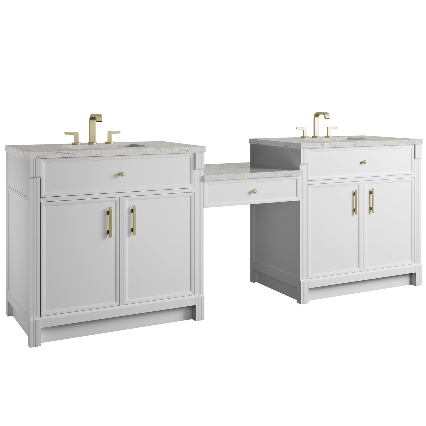 Renovate for Less Atlanta Bellshire 96" Dual Vanity Set with 24" Make-Up Counter, Bright White w/3 cm Eternal Jasmine Pearl Silestone Top