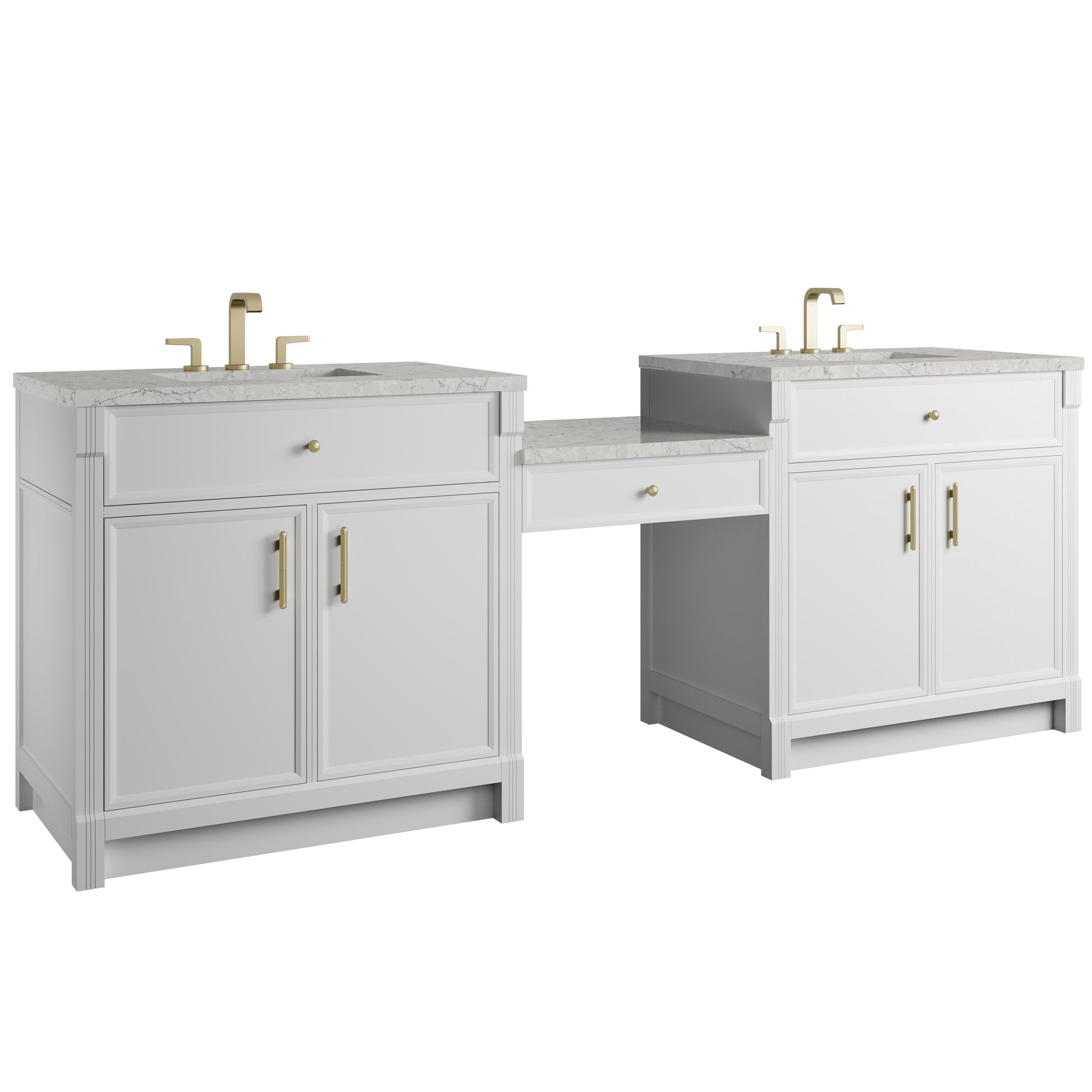 Renovate for Less Atlanta Bellshire 96" Dual Vanity Set with 24" Make-Up Counter, Bright White w/3 cm Eternal Jasmine Pearl Silestone Top