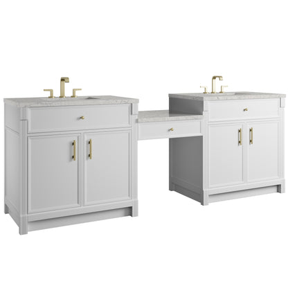 Renovate for Less Atlanta Bellshire 96" Dual Vanity Set with 24" Make-Up Counter, Bright White w/3 cm Eternal Jasmine Pearl Silestone Top
