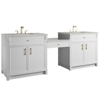 Bellshire 96" Dual Vanity Set with 24" Make-Up Counter, Bright White w/3 cm Eternal Jasmine Pearl Silestone Top