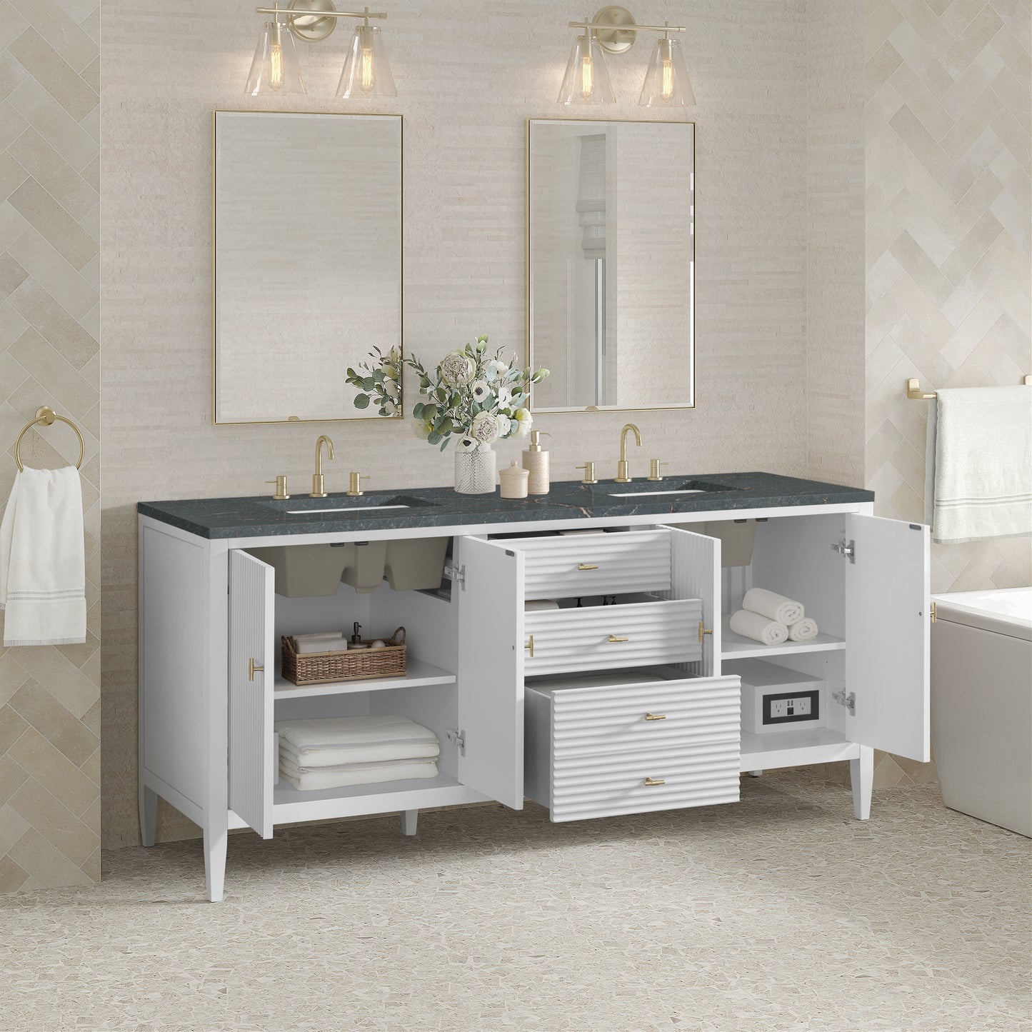 Renovate for Less Atlanta Myrrin 72" Double Vanity, Bright White w/ 3 CM Parisien Bleu Silestone Top w/FreePower Wireless Charger