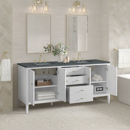Renovate for Less Atlanta Myrrin 72" Double Vanity, Bright White w/ 3 CM Parisien Bleu Silestone Top w/FreePower Wireless Charger