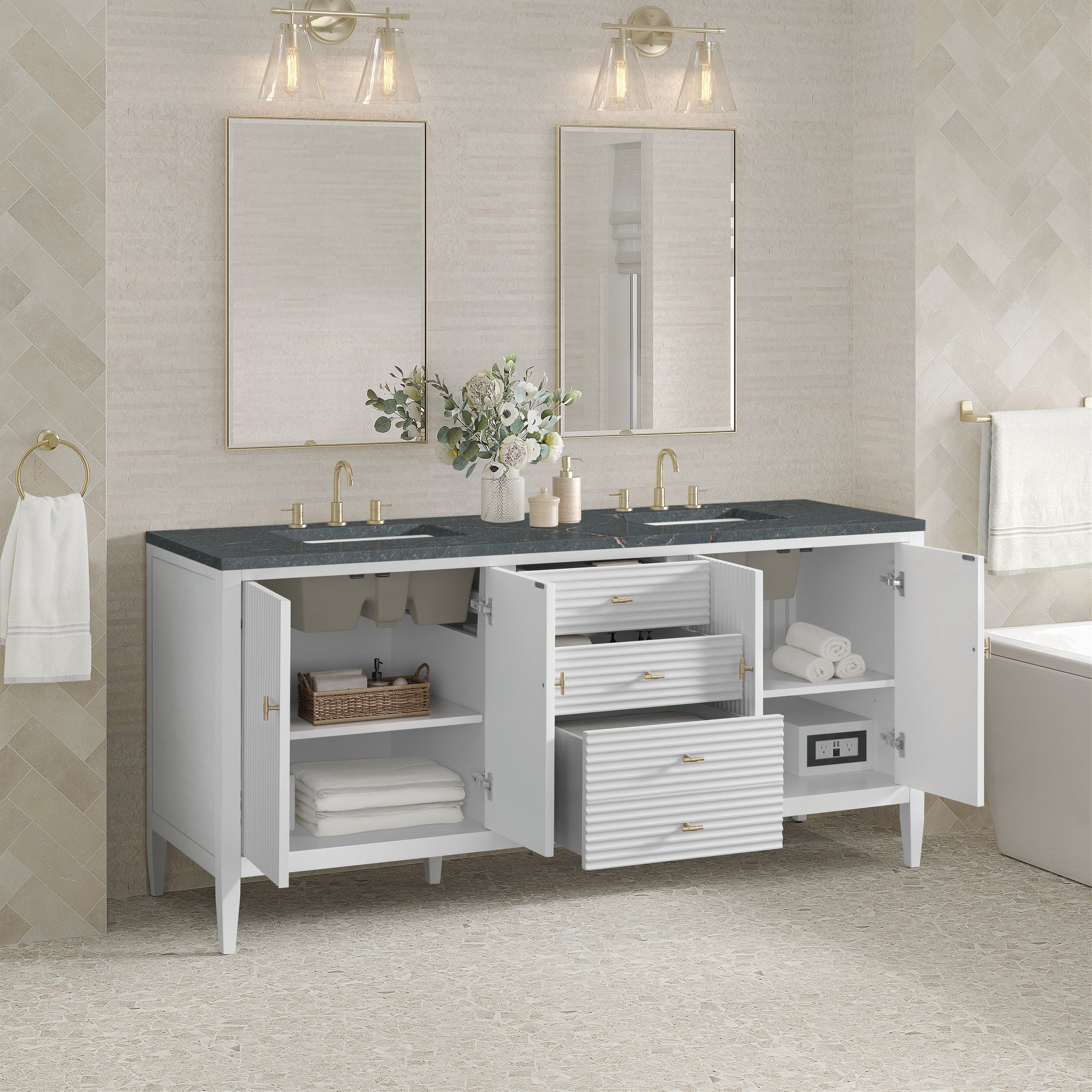 Renovate for Less Atlanta Myrrin 72" Double Vanity, Bright White w/ 3 CM Parisien Bleu Silestone Top