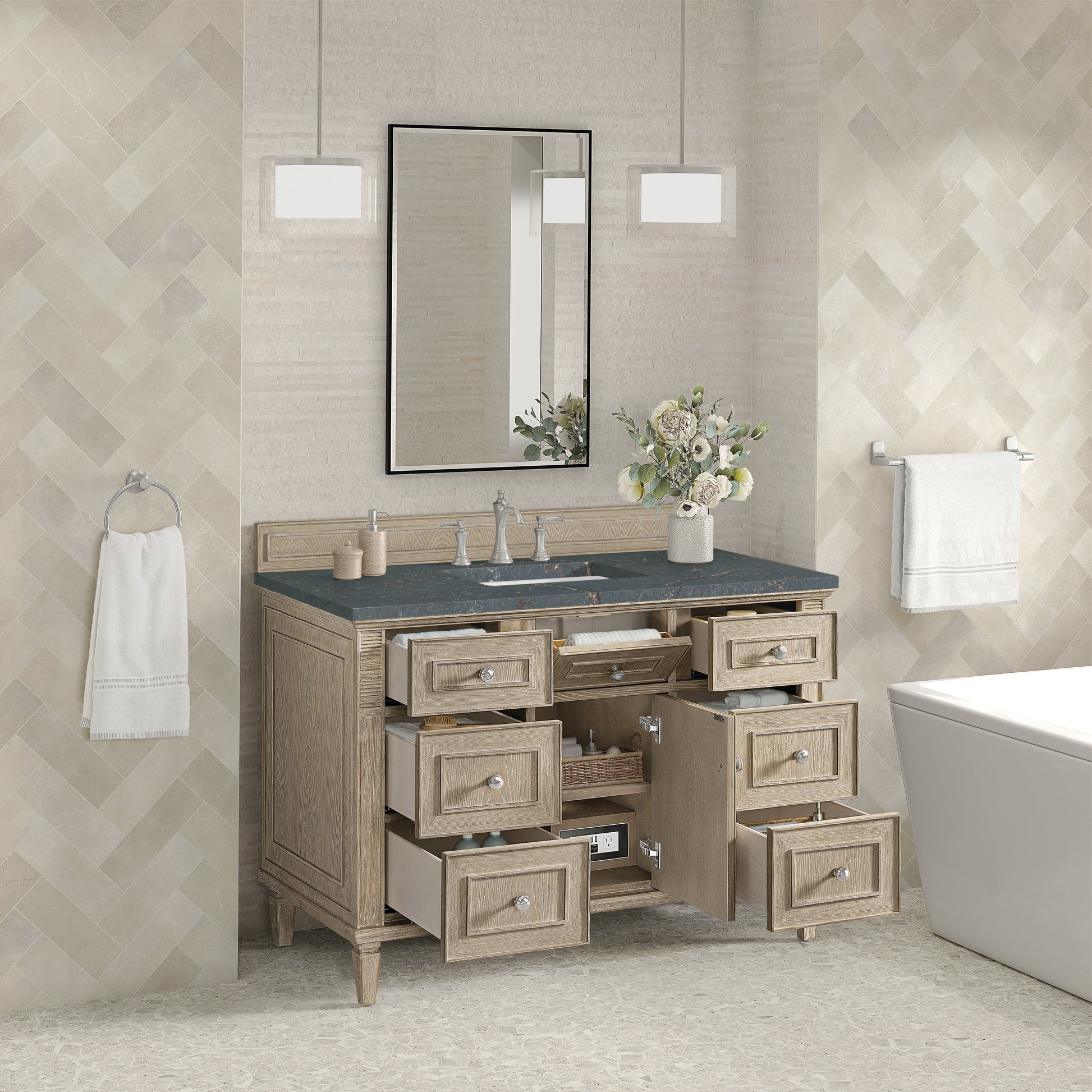 Renovate for Less Atlanta Lorelai 48" Single Vanity, Whitewashed Oak w/ 3 CM Parisien Bleu Silestone Top