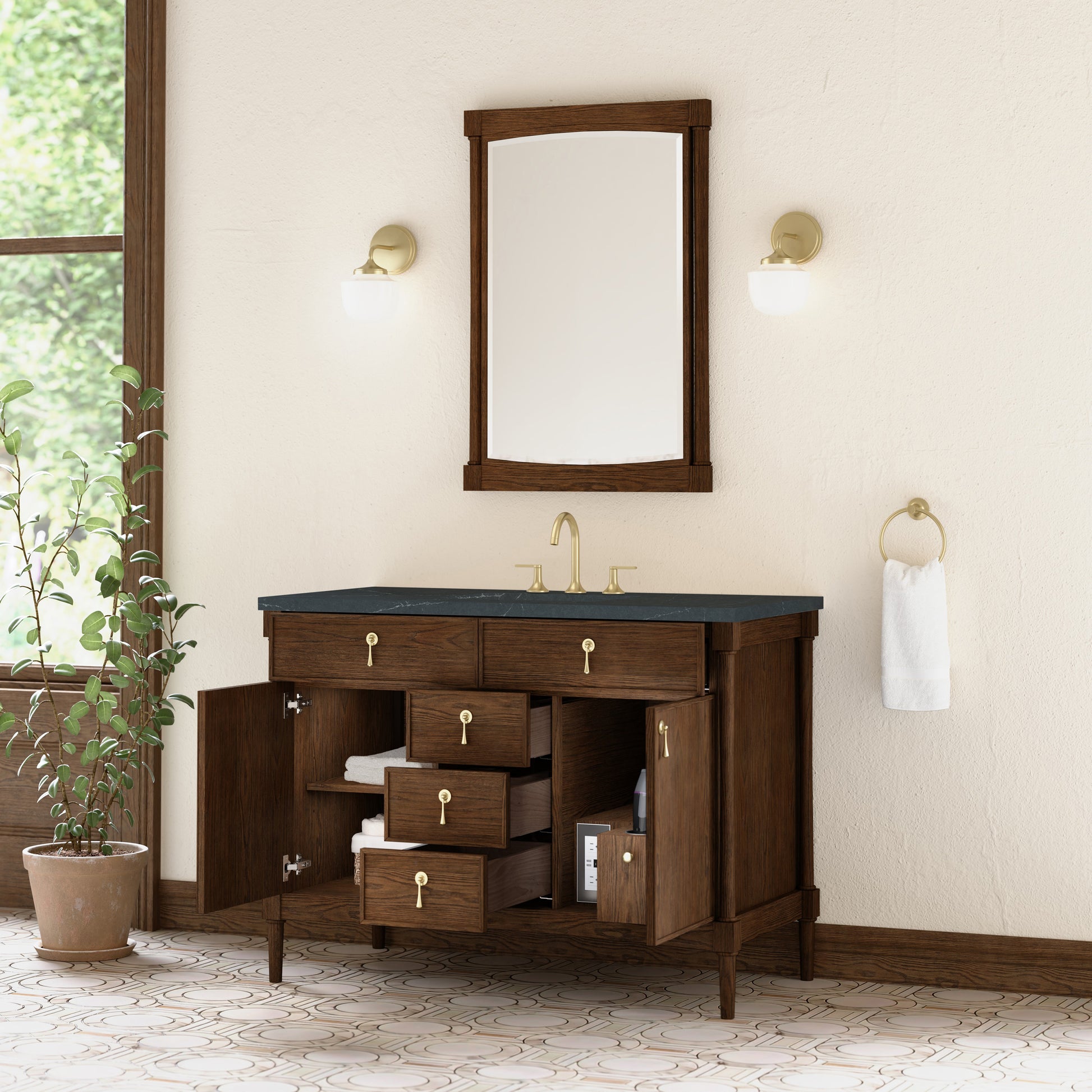 Renovate for Less Atlanta Kinnsden 48" Single Vanity, Sable Oak w/ 3 CM Charcoal Soapstone Silestone Top