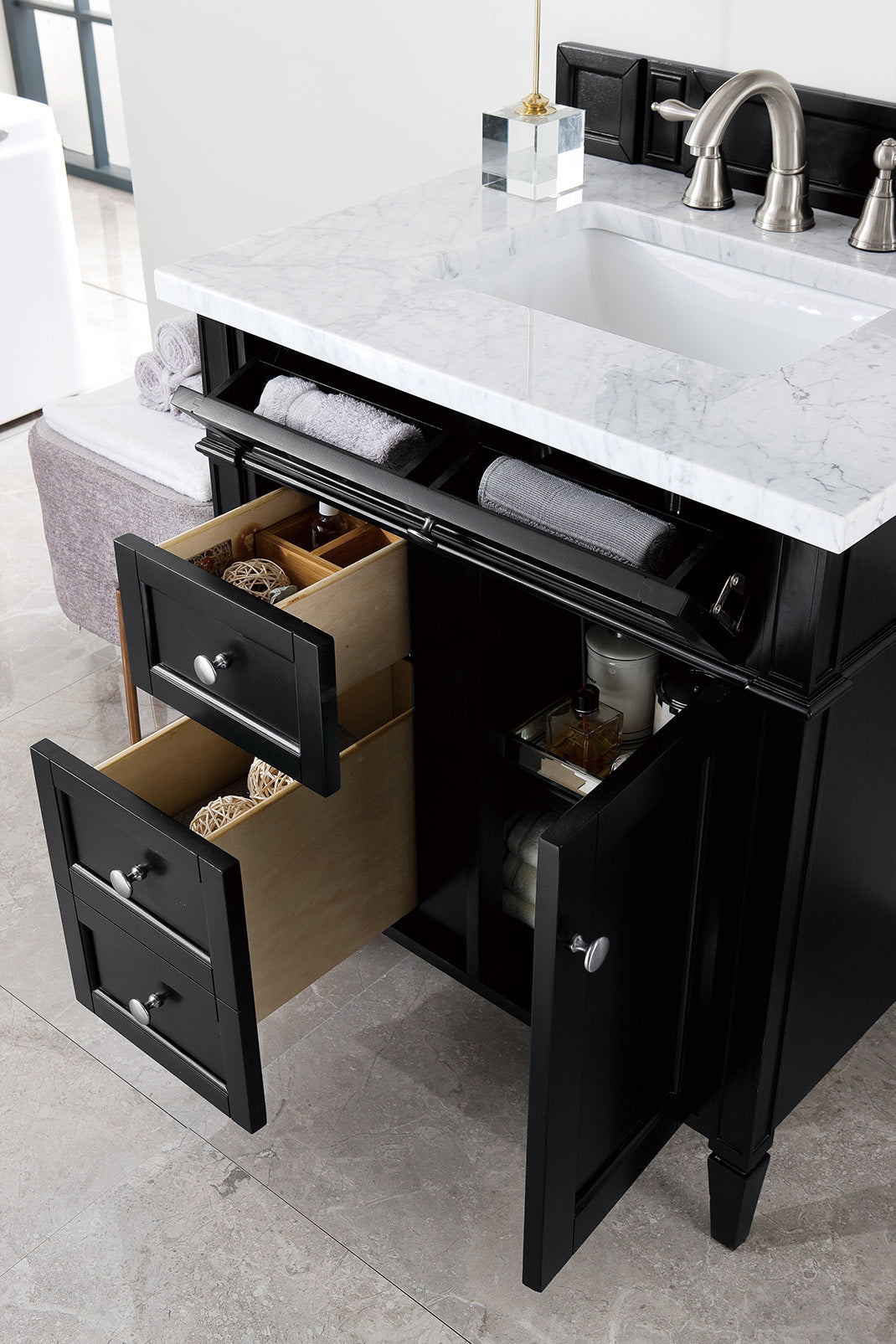 Renovate for Less Atlanta Brittany 30" Single Vanity, Black Onyx w/ 3 CM Carrara Marble Top