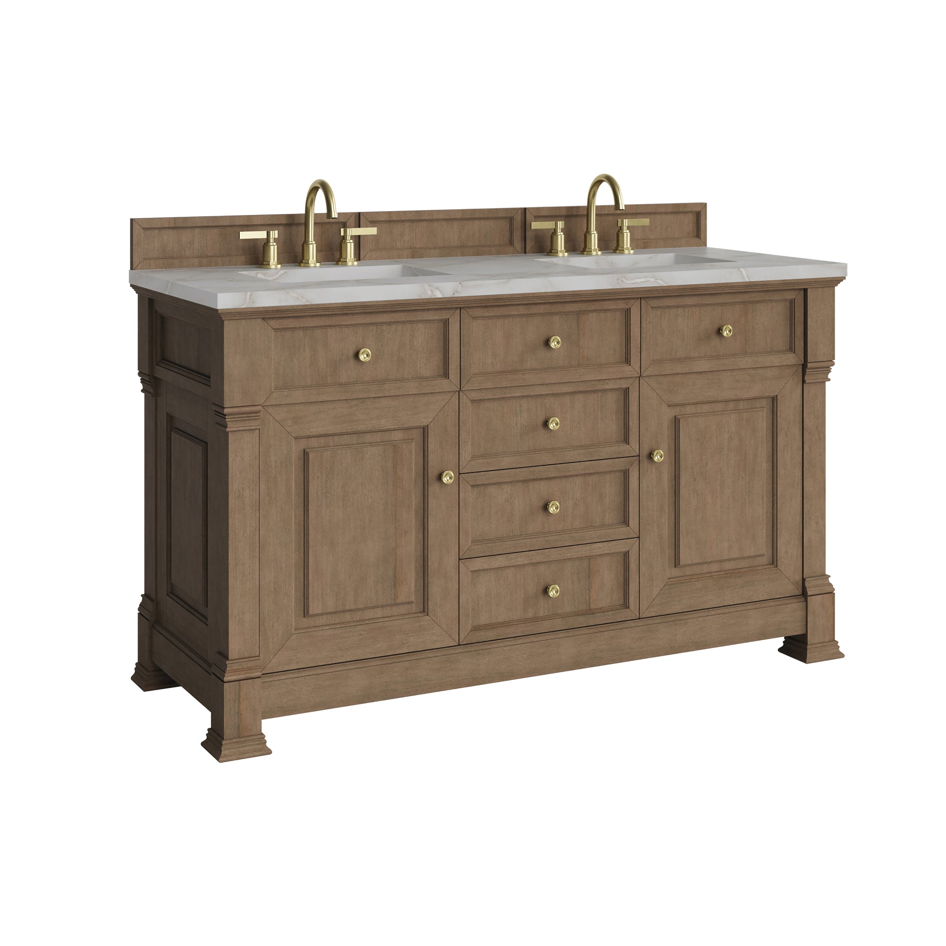 Renovate for Less Atlanta Brookfield 60" Double Vanity, Pecan w/ 3 CM Victorian Silver Silestone Top w/FreePower Wireless Charger