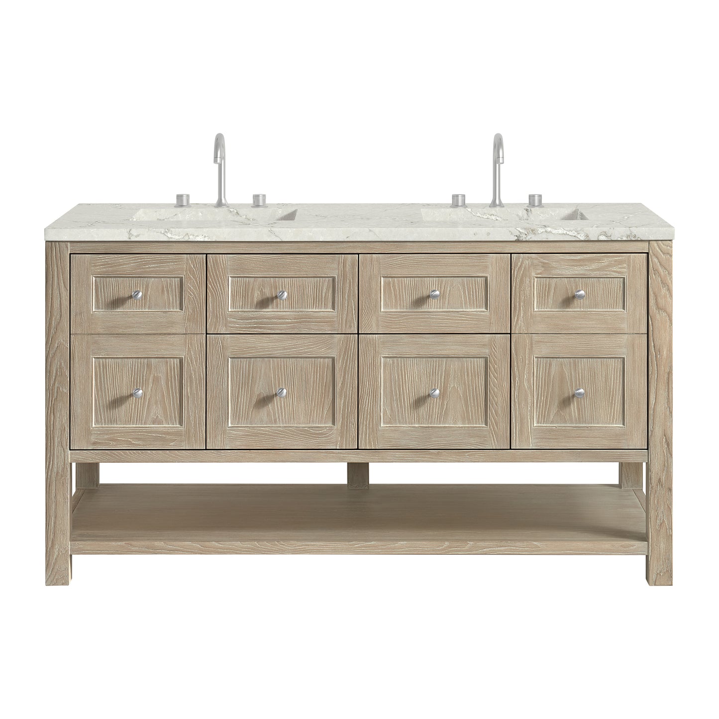 Renovate for Less Atlanta Breckenridge 60" Double Vanity, Whitewashed Oak, w/ 3 CM Victorian Silver Quartz Top w/FreePower Wireless Charger