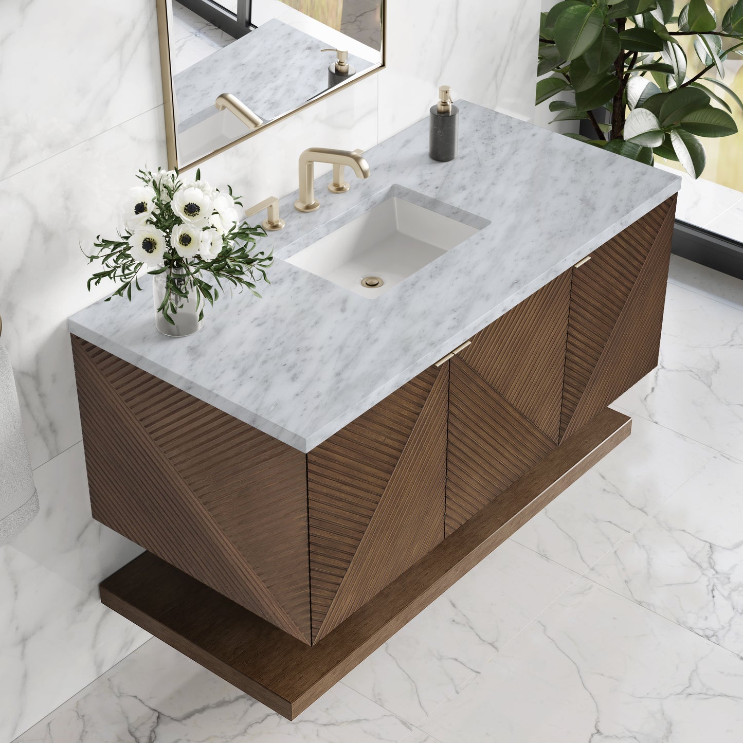 Renovate for Less Atlanta Marcello 48" Single Vanity, Chestnut w/ 3 CM Carrara White Marble Top