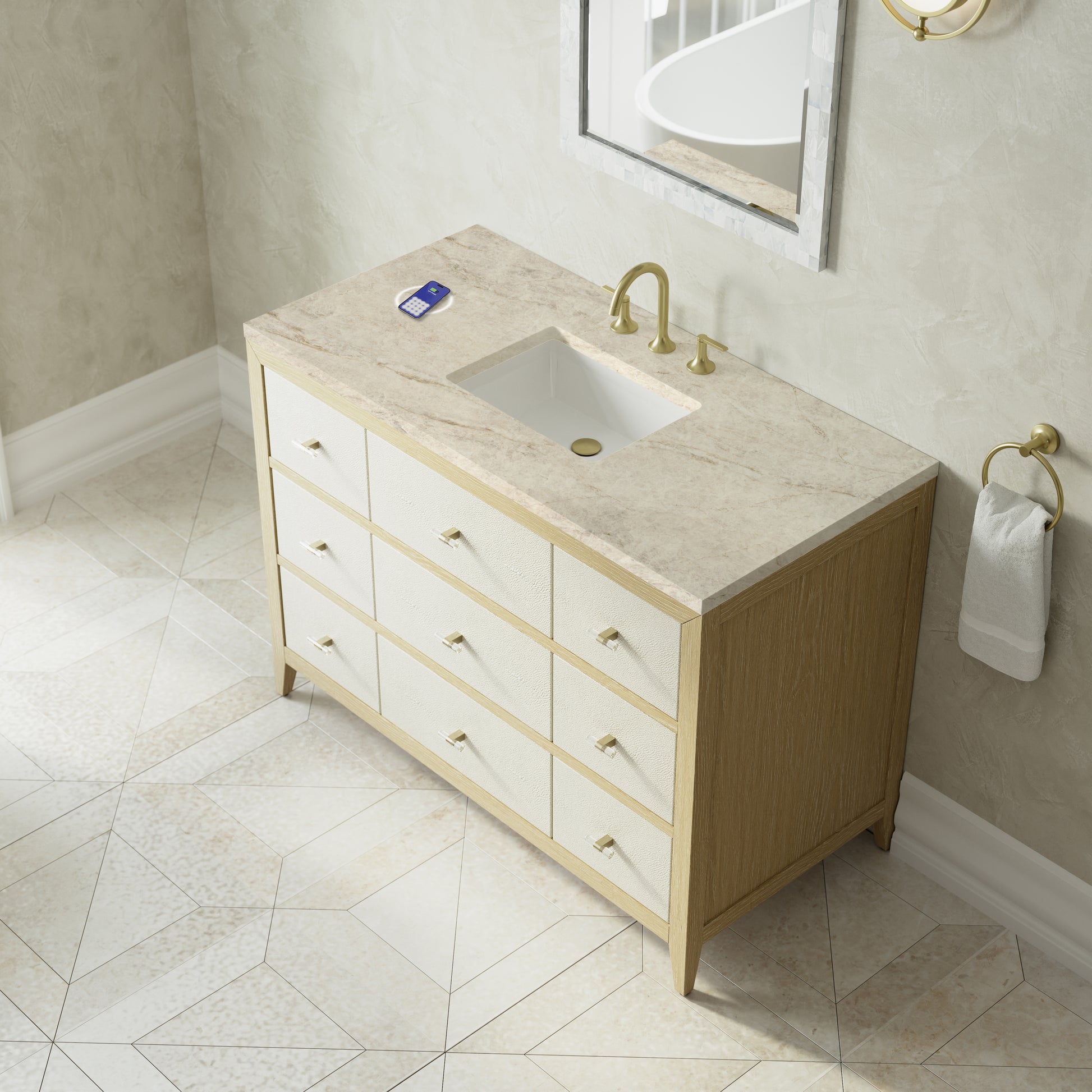 Renovate for Less Atlanta Celeste 48" Single Vanity, Sunwashed Oak with Embossed Shagreen, w/ 3 CM Tajnar Eclos Top w/FreePower Wireless Charger