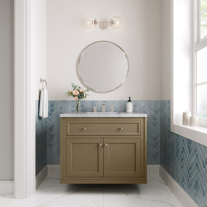 Renovate for Less Atlanta Chicago 36" Single Vanity, Walnut Whisper, w/ 3 CM Carrara Marble Top