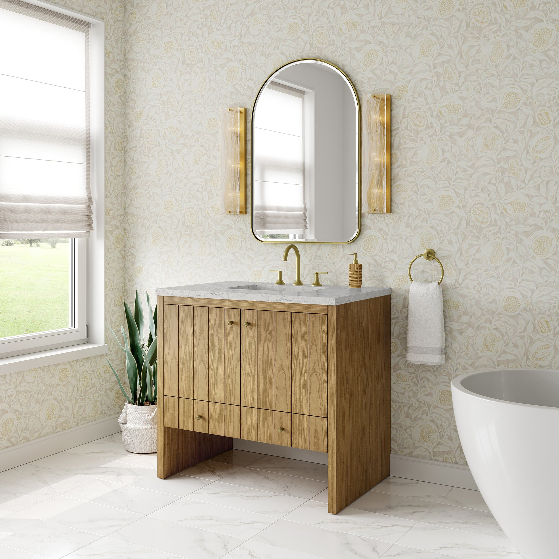 Renovate for Less Atlanta Hudson 36" Single Vanity, Light Natural Oak w/ 3 CM Eternal Jasmine Pearl Top