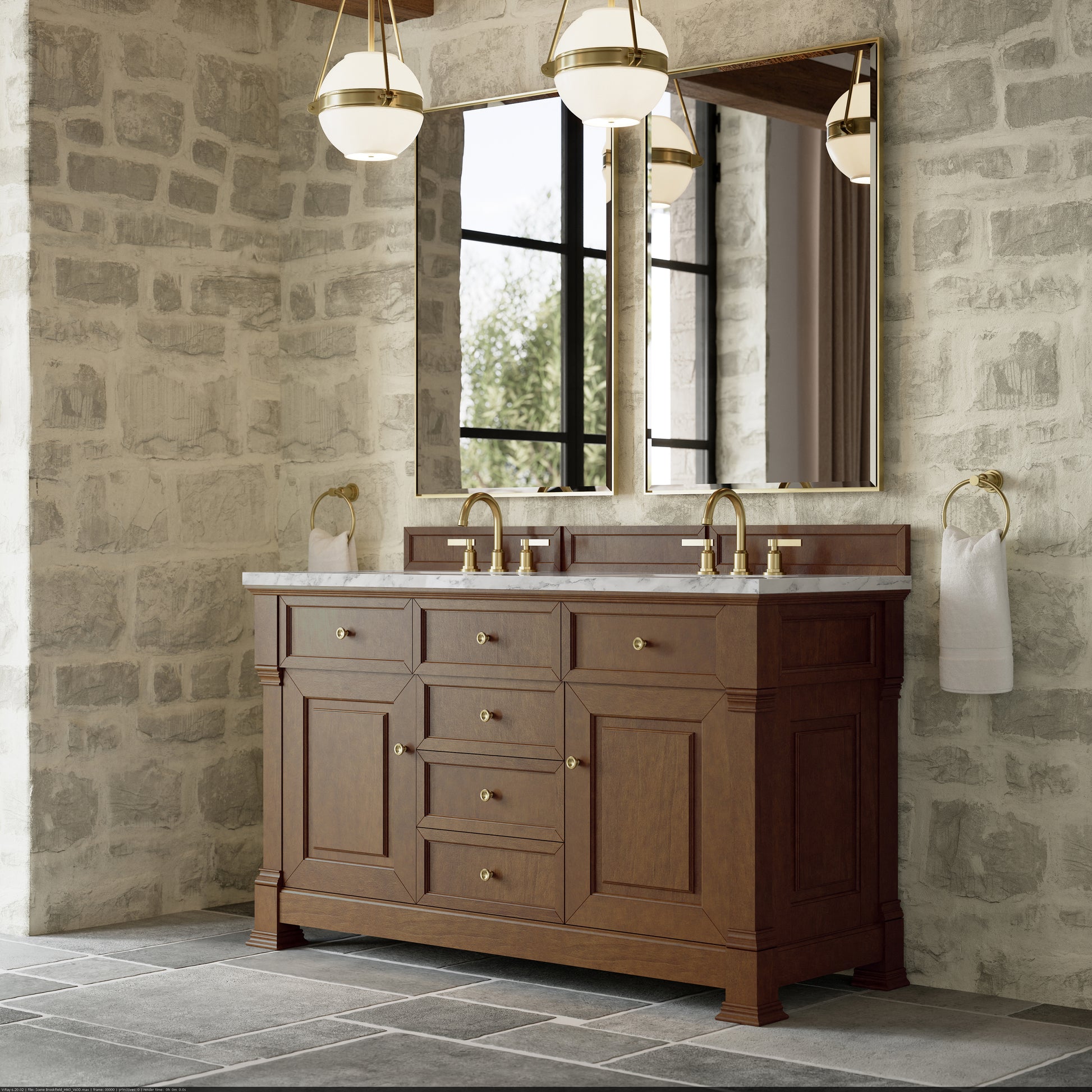 Renovate for Less Atlanta Brookfield 60" Double Vanity, Honey Oak w/3 CM Carrara White Marble Top