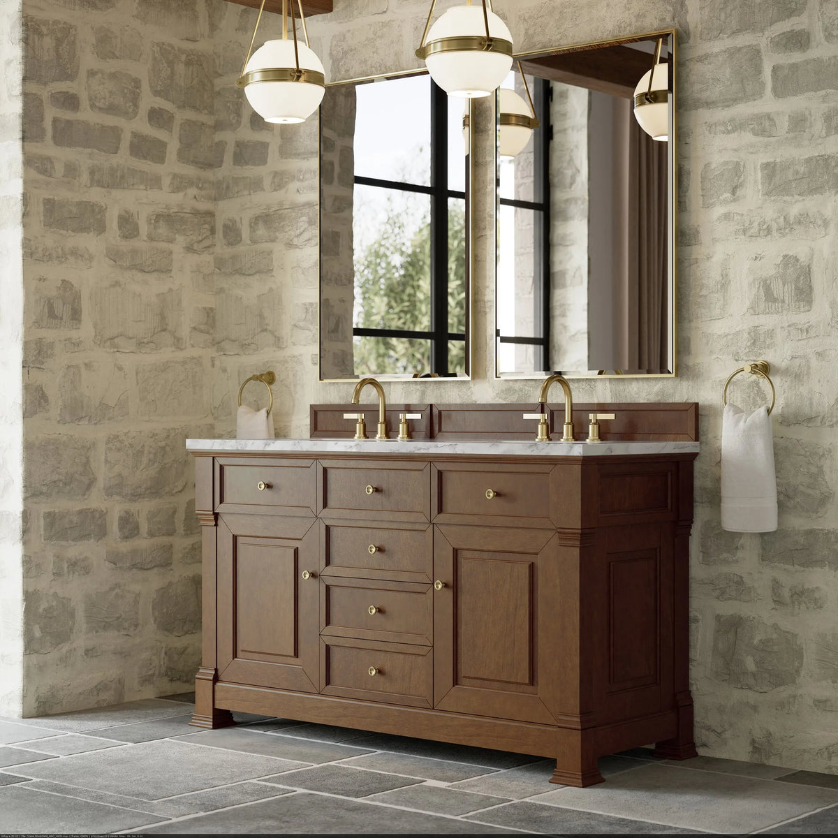 Brookfield 60" Double Vanity, Honey Oak w/3 CM Carrara White Marble Top