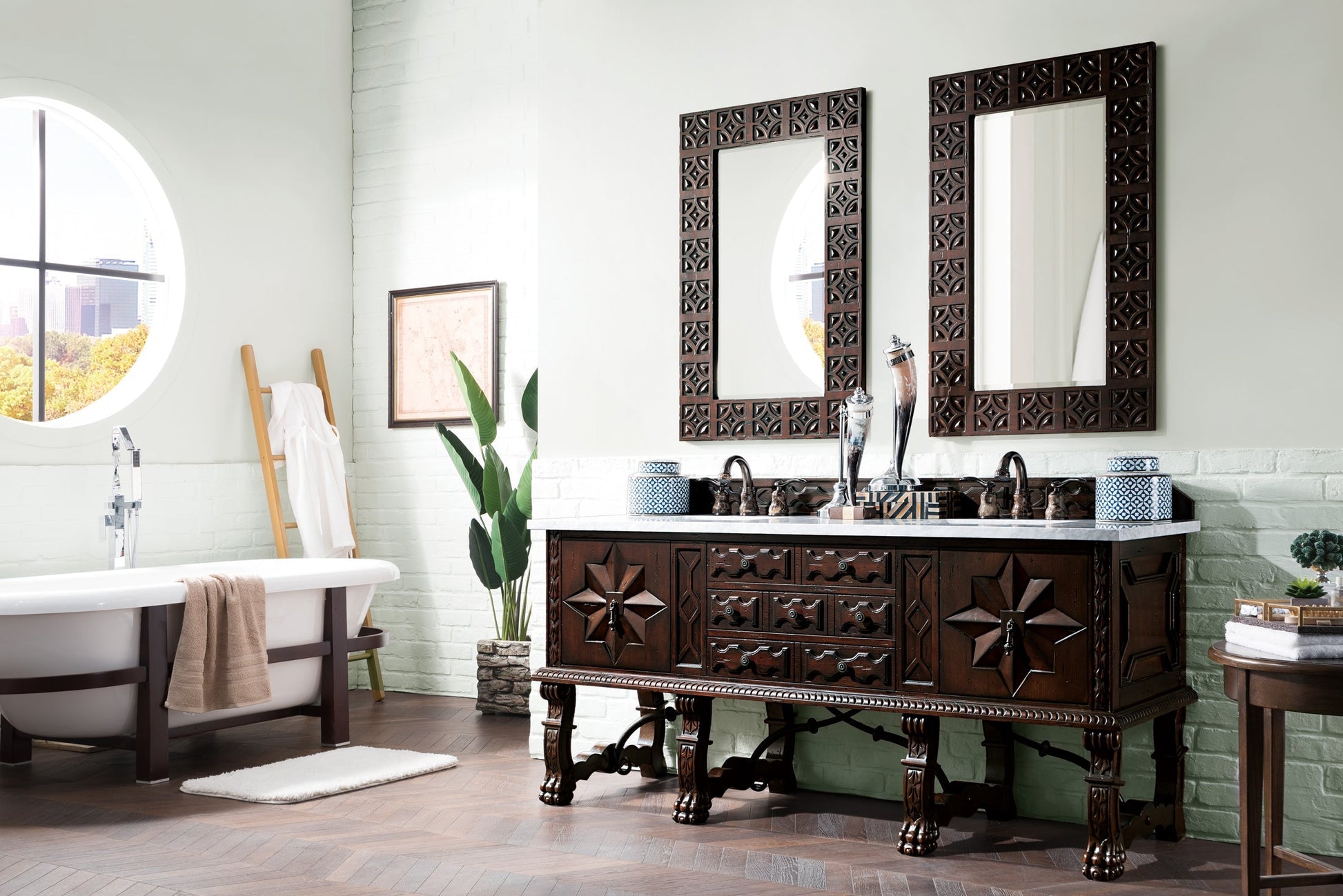 Balmoral 72" Antique Walnut Double Vanity w/ 3 CM Carrara Marble Top James Martin Vanities