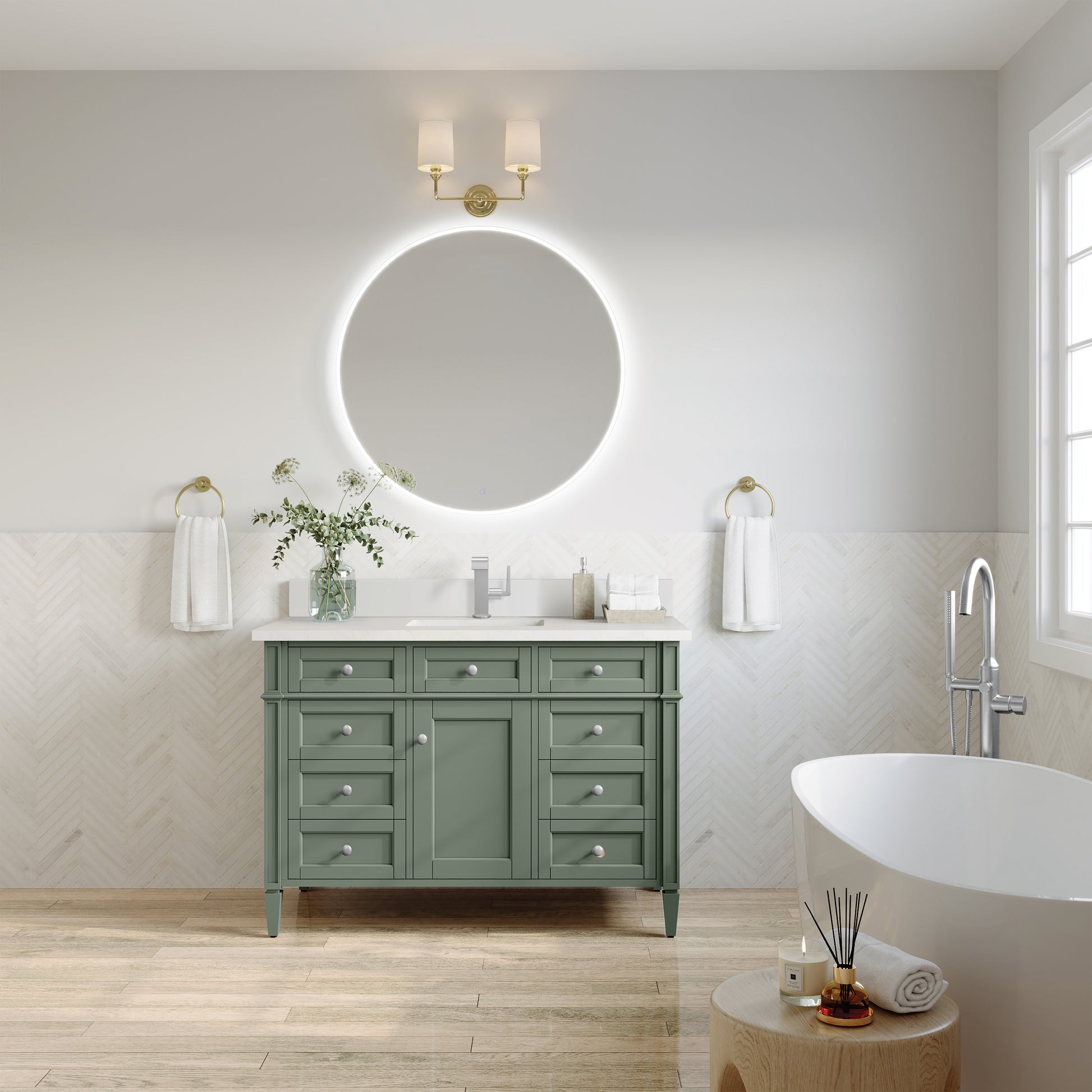Renovate for Less Atlanta Brittany 48" Single Vanity, Smokey Celadon w/ Single Hole 3 CM White Zeus Top & Backsplash