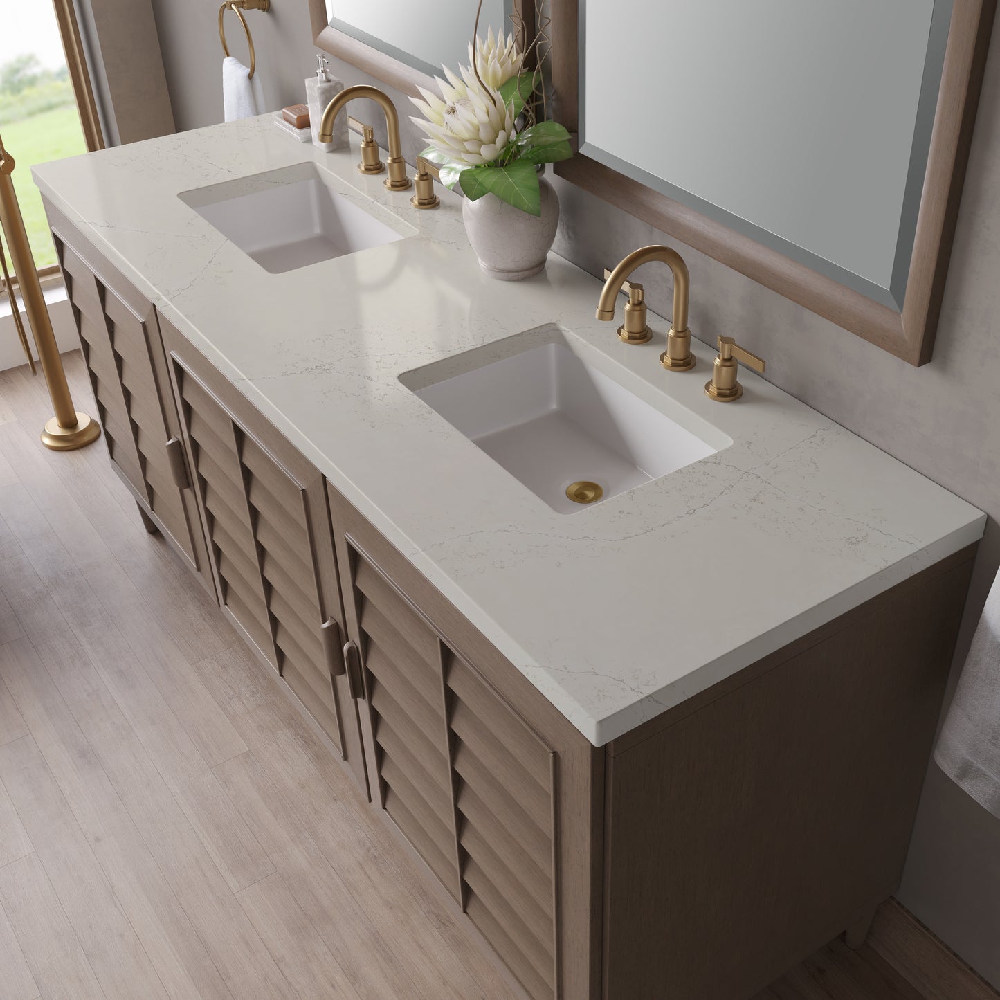 Renovate for Less Atlanta Portland 72" Double Vanity, Whitewashed Walnut, w/ 3 CM Siberian Silestone Top w/FreePower Wireless Charger