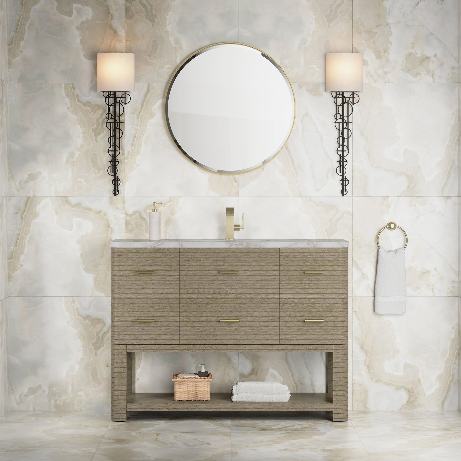 Renovate for Less Atlanta Lucian 48" Single Vanity, Pebble Oak w/ 3 CM Victorian Silver Silestone Top