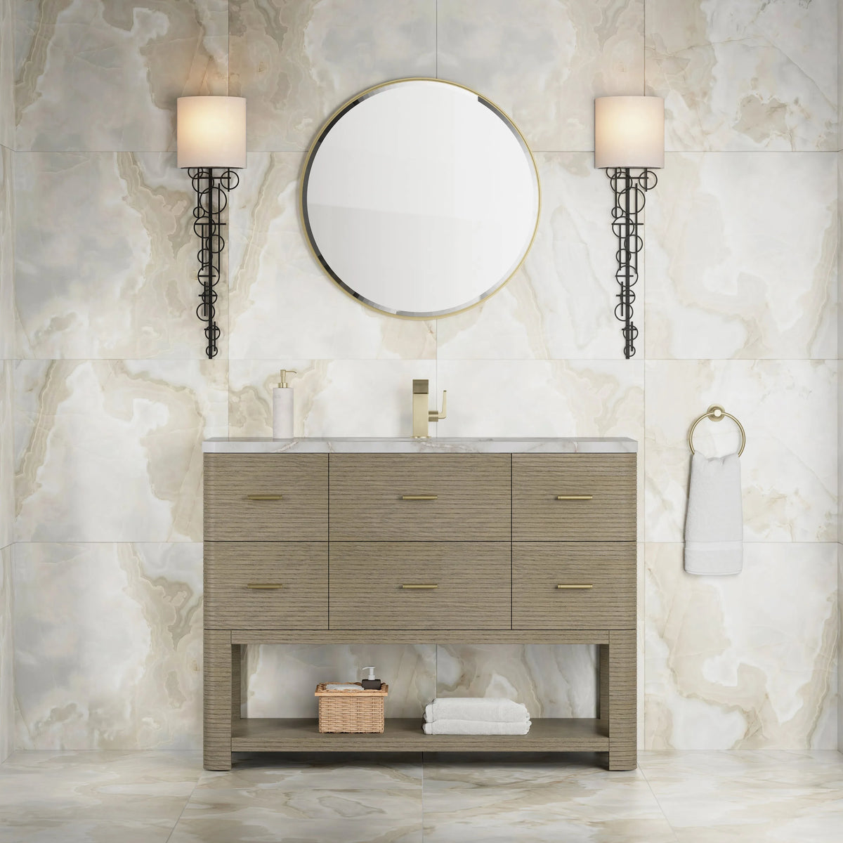Lucian 48" Single Vanity, Pebble Oak w/ 3 CM Victorian Silver Silestone Top