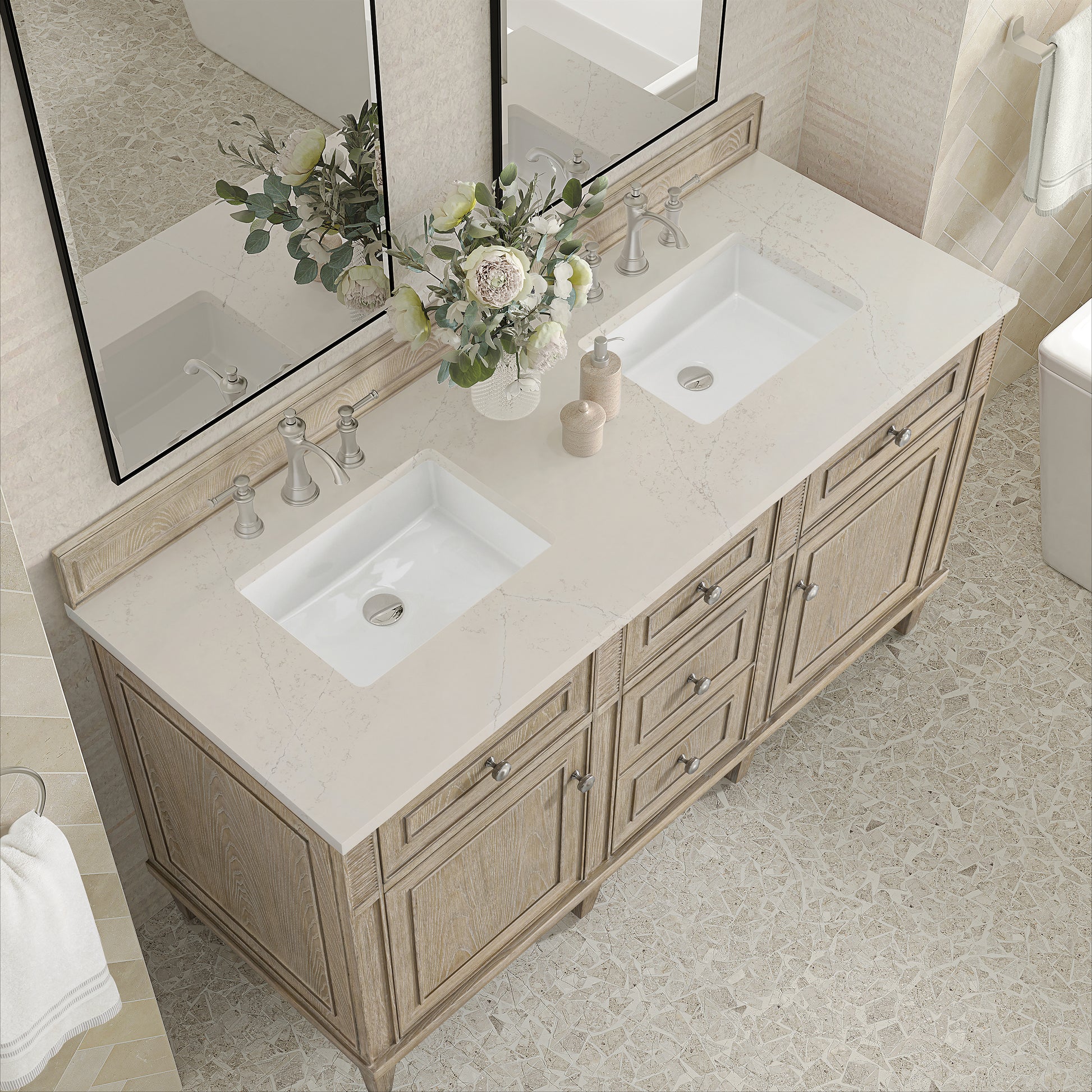 Renovate for Less Atlanta Lorelai 60" Double Vanity, Whitewashed Oak, w/ 3 CM Siberian Silestone Top