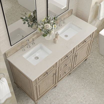 Renovate for Less Atlanta Lorelai 60" Double Vanity, Whitewashed Oak, w/ 3 CM Siberian Silestone Top
