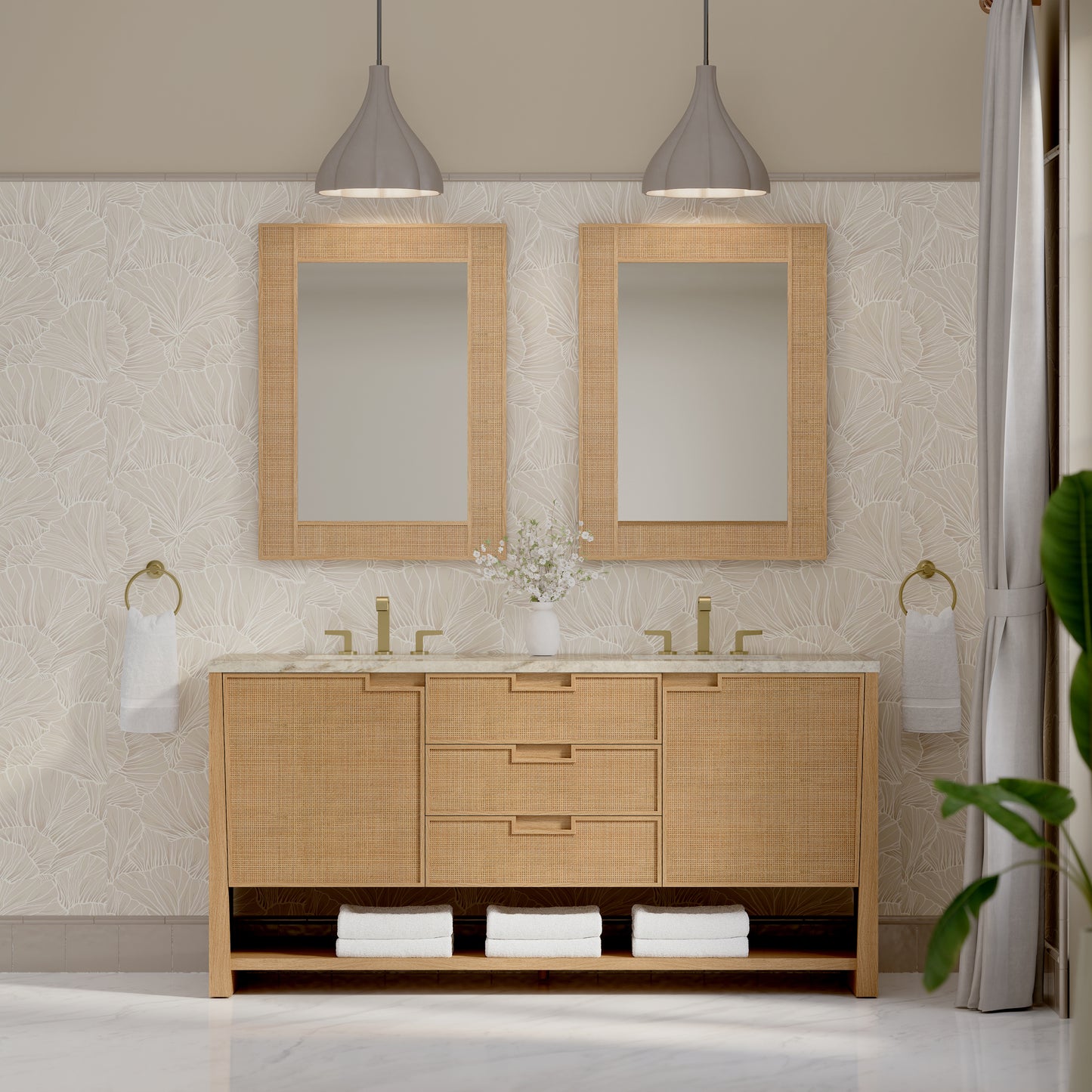 Renovate for Less Atlanta Solene 72" Double Vanity, Seaside Oak, w/ 3 CM Tajnar Eclos Top w/FreePower Wireless Charger