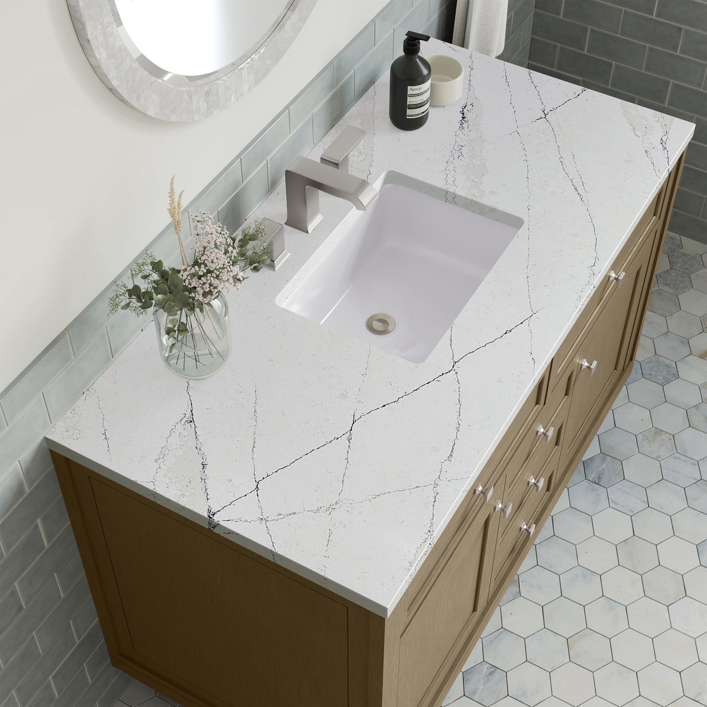 Renovate for Less Atlanta Chicago 48" Single Vanity, Walnut Whisper, w/ 3 CM Ethereal Noctis Silestone® Top