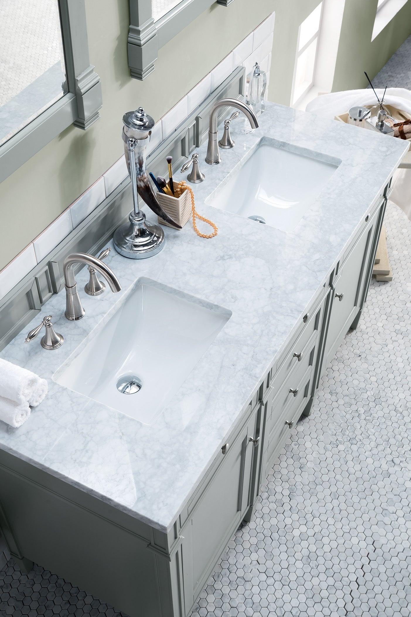 Renovate for Less Atlanta Brittany 60" Double Vanity, Urban Gray w/ 3 CM Carrara Marble Top