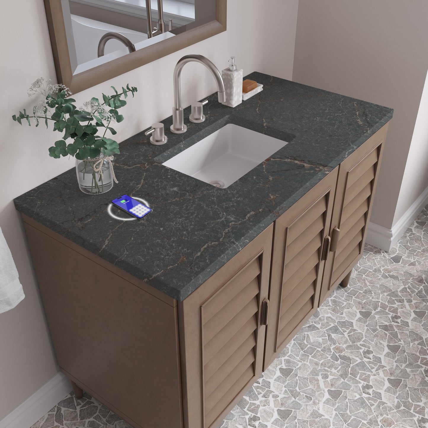 Renovate for Less Atlanta Portland 48" Single Vanity Whitewashed Walnut w/ 3 CM Parisien Bleu Silestone Top w/FreePower Wireless Charger