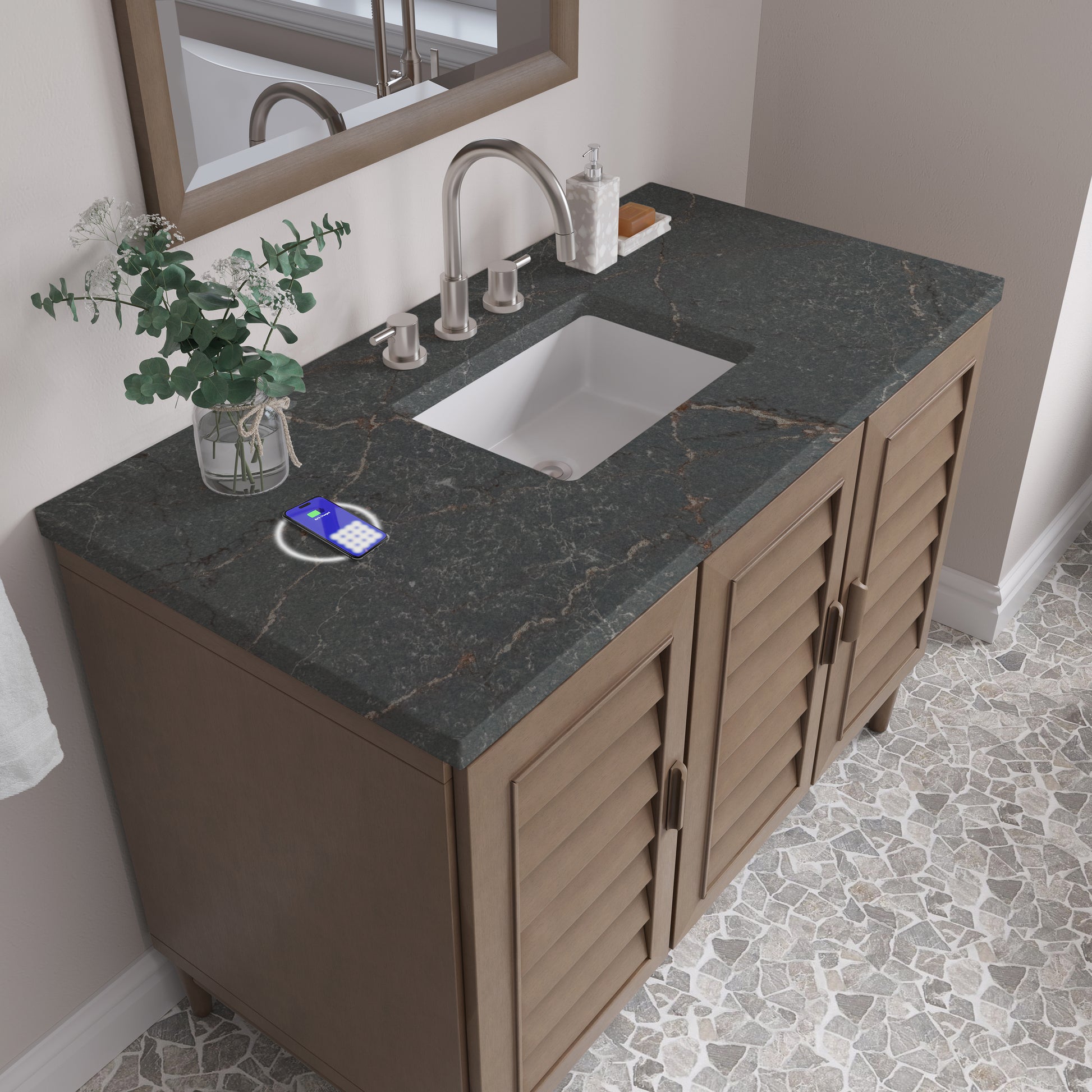 Renovate for Less Atlanta Portland 48" Single Vanity Whitewashed Walnut w/ 3 CM Parisien Bleu Silestone Top w/FreePower Wireless Charger