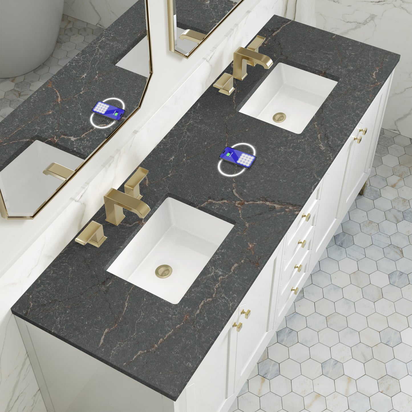 Renovate for Less Atlanta Chicago 72" Double Vanity, Glossy White, w/ 3 CM Siberian Silestone Top