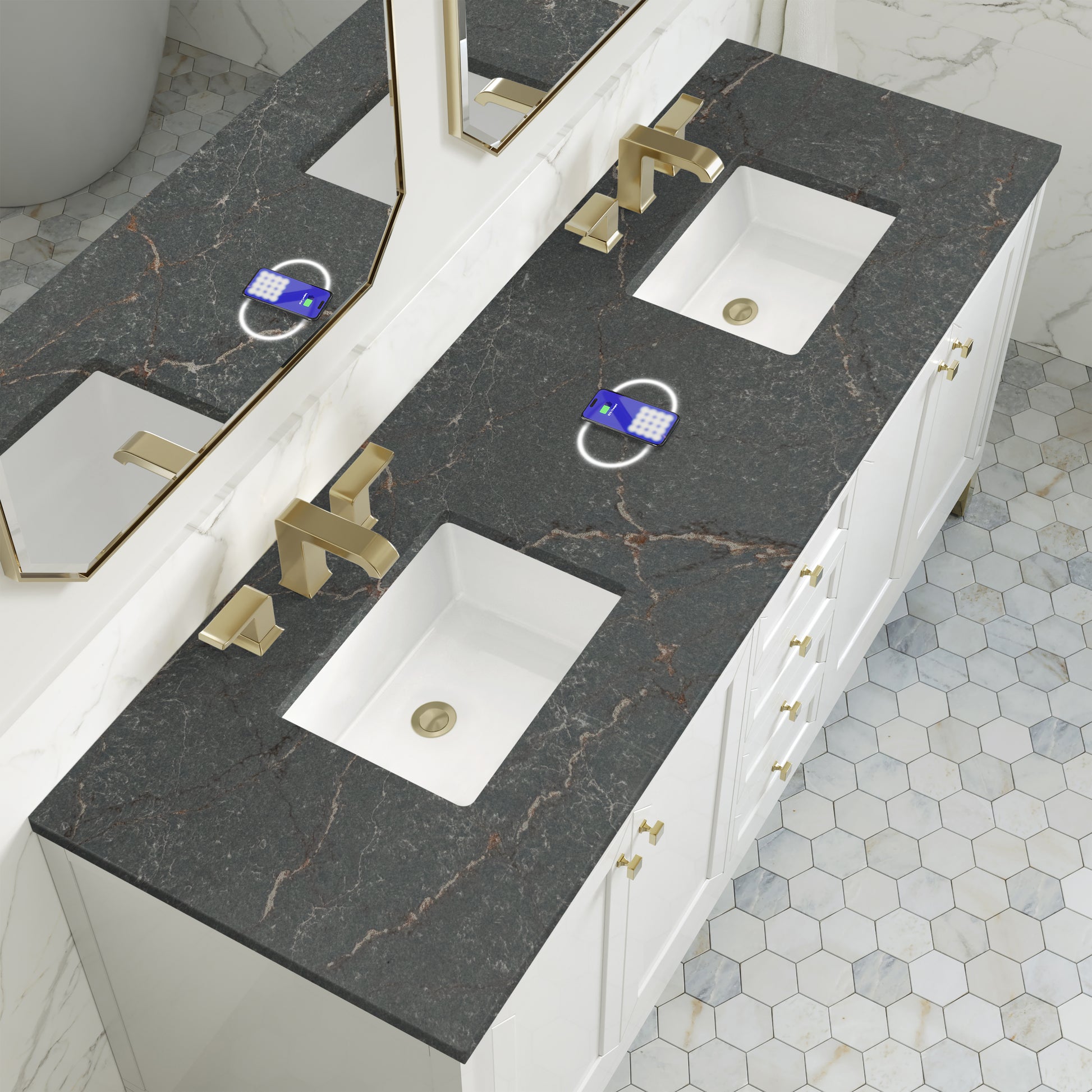 Renovate for Less Atlanta Chicago 72" Double Vanity, Glossy White, w/ 3 CM Siberian Silestone Top