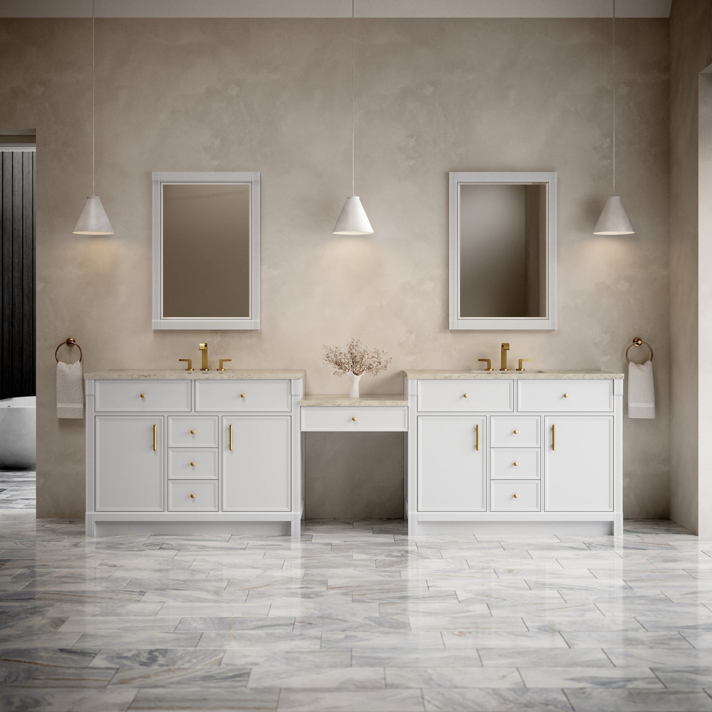 Renovate for Less Atlanta Bellshire 120" Dual Vanity Set with 24" Make-Up Counter, Bright White w/3 cm Tajnar Eclos Top w/FreePower Wireless Charger