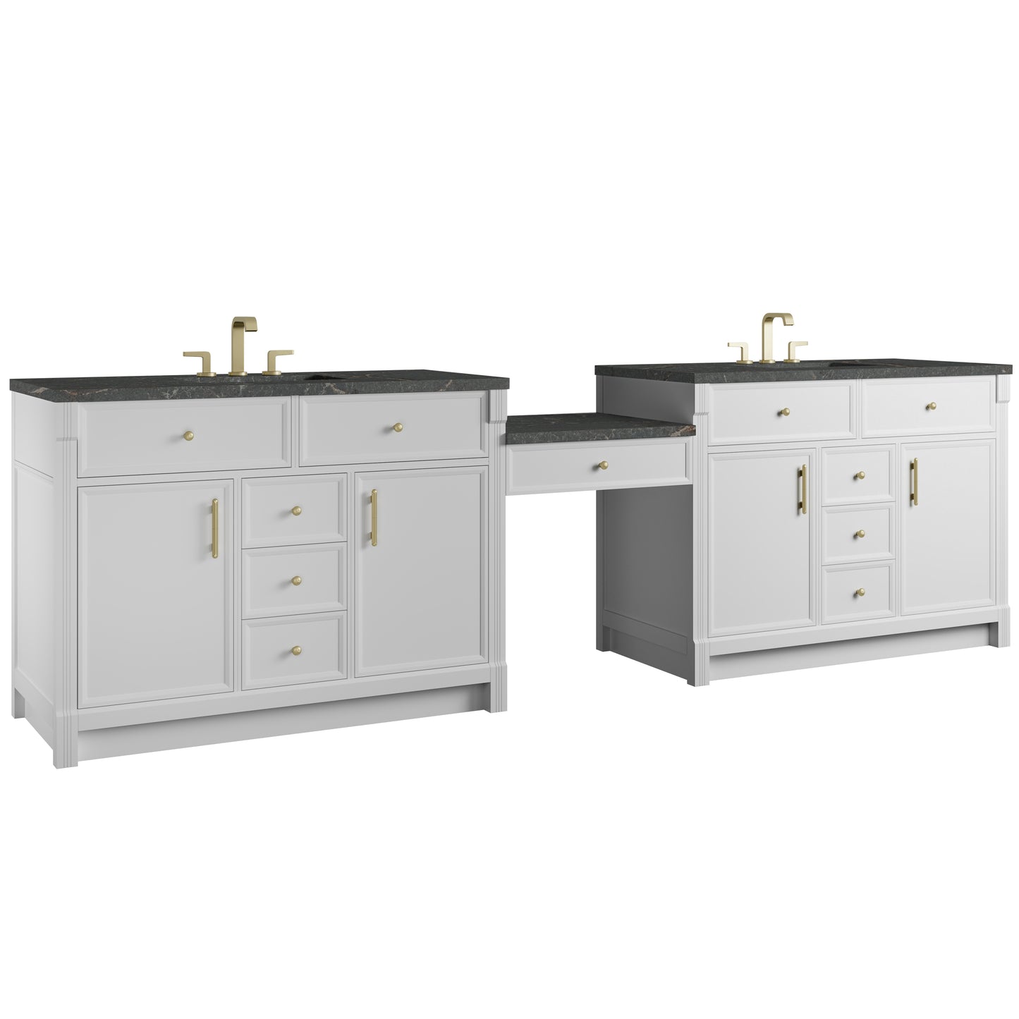 Renovate for Less Atlanta Bellshire 120" Dual Vanity Set with 24" Make-Up Counter, Bright White w/3 cm Parisien Bleu Silestone Top w/FreePower Wireless Charger