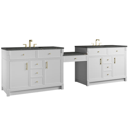 Renovate for Less Atlanta Bellshire 120" Dual Vanity Set with 24" Make-Up Counter, Bright White w/3 cm Parisien Bleu Silestone Top w/FreePower Wireless Charger
