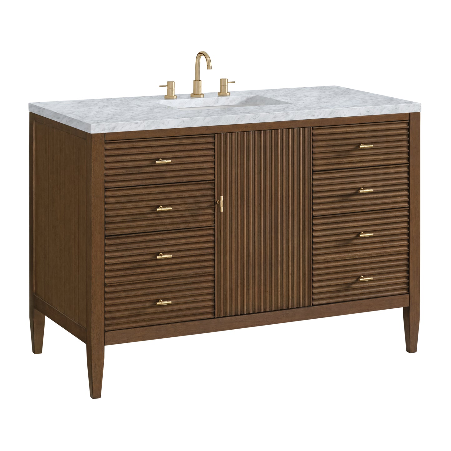 Renovate for Less Atlanta Myrrin 48" Single Vanity, Mid Century Walnut w/ 3 CM Carrara White Marble Top
