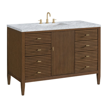 Renovate for Less Atlanta Myrrin 48" Single Vanity, Mid Century Walnut w/ 3 CM Carrara White Marble Top