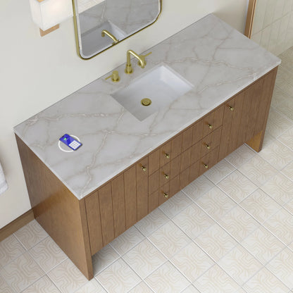 Hudson 60" Single Vanity, Honey Oak w/ 3 CM Victorian Silver Silestone Top w/FreePower Wireless Charger