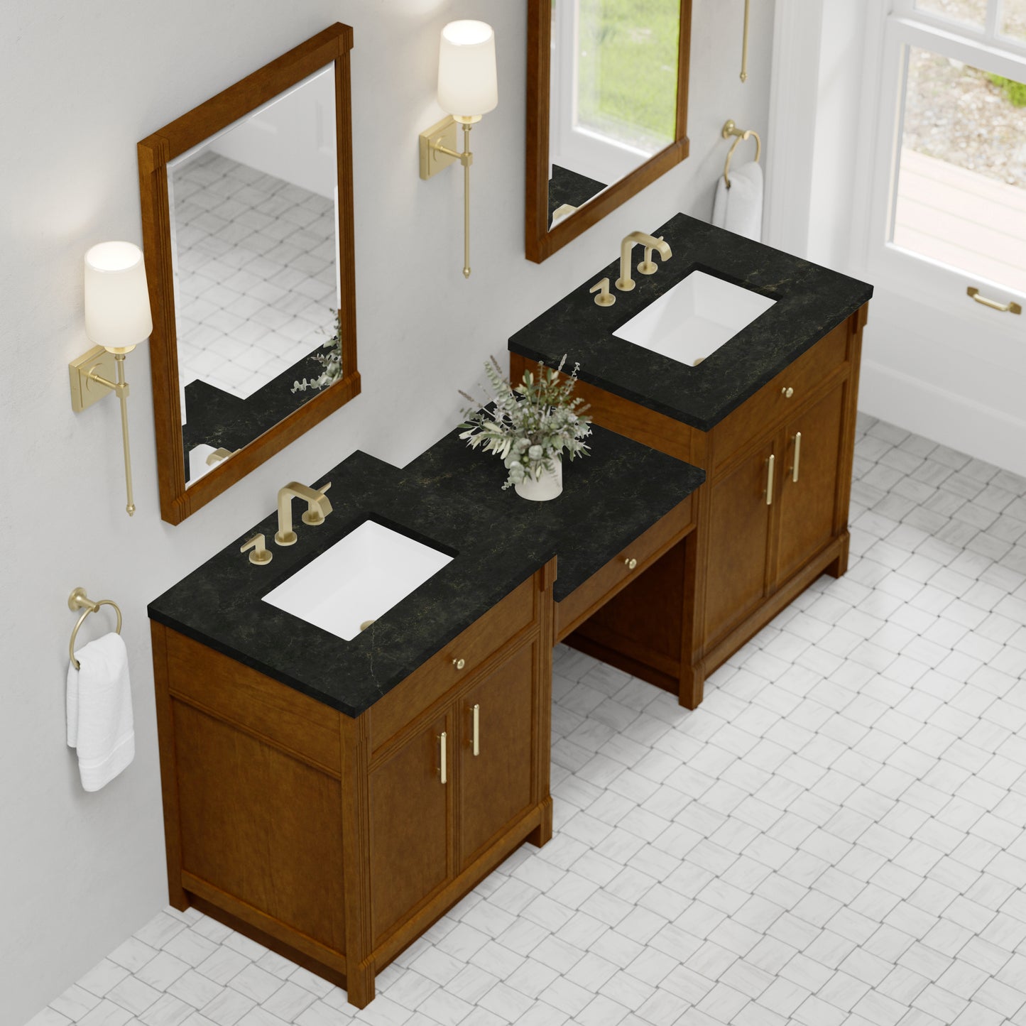 Renovate for Less Atlanta Bellshire 84" Dual Vanity Set with 24" Make-Up Counter, Honey Oak w/3 cm Phantome Eclos Top