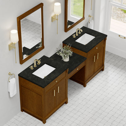 Renovate for Less Atlanta Bellshire 84" Dual Vanity Set with 24" Make-Up Counter, Honey Oak w/3 cm Phantome Eclos Top