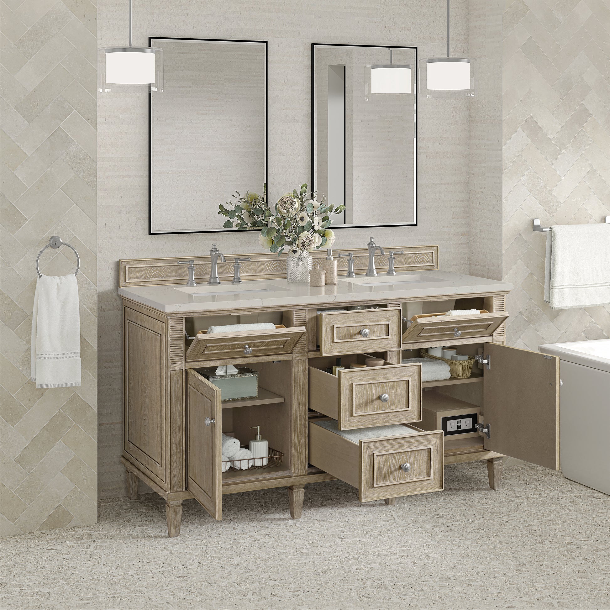 Renovate for Less Atlanta Lorelai 60" Double Vanity, Whitewashed Oak, w/ 3 CM Siberian Silestone Top